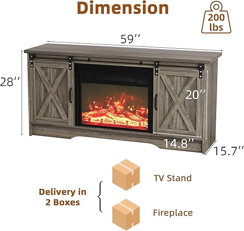 Miniatura 2 de 4 EVER WINNER Centro de entretenimiento con chimenea para TV de 65 pulgadas, puerta corrediza de granero, soporte de TV con chimenea de granja con