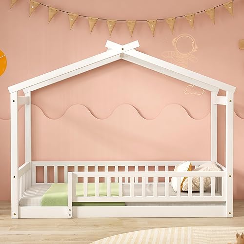 Miniatura 16 de Harper & Bright Designs Cama Montessori de tamaño matrimonial, cama de piso para niños con barandilla de valla, marcos de cama matrimonial de madera