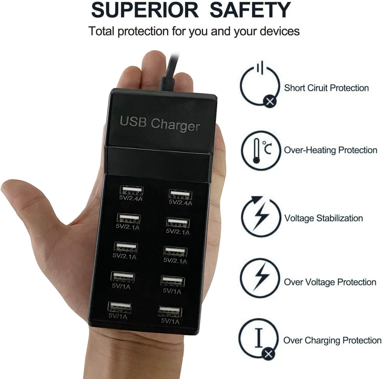 Multi-Port USB Charger,YANER 10-Port USB Desktop hub Wall Charger, Suitable for iPhone/iPad/Samsung Galaxy Note Tablet Android Smartphone Multi-Function Device (Black)