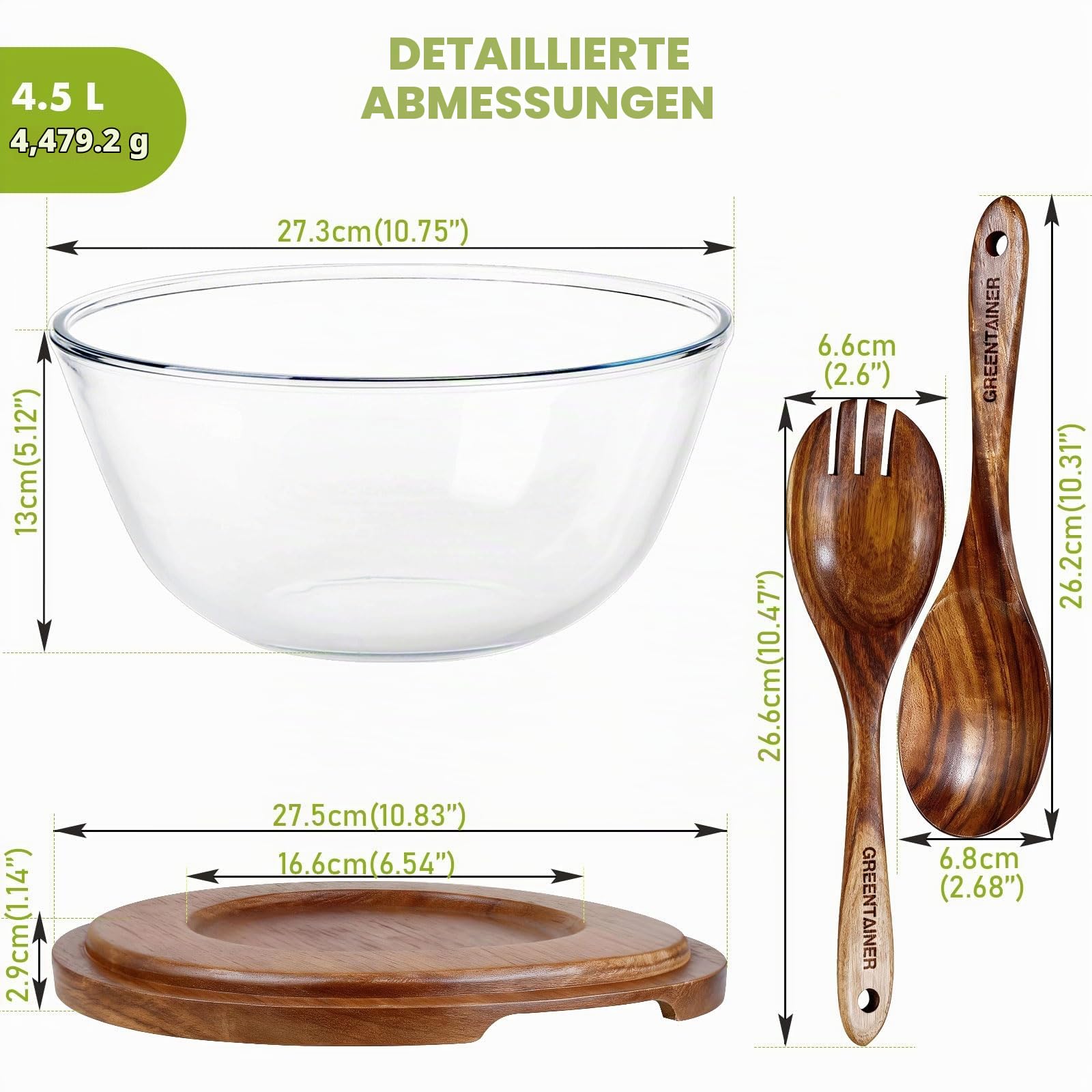 Greentainer Salatschüssel Set 4-teilig, Salatbesteck mit Salatschale, runde Schale, Salatschüssel Glas, spülmaschinengeeignet