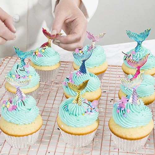 Miniatura 3 de Yookeer 36 piezas de cola de sirena para cupcakes de acrílico, mini figuras de cola de sirena, decoraciones de pasteles con purpurina para