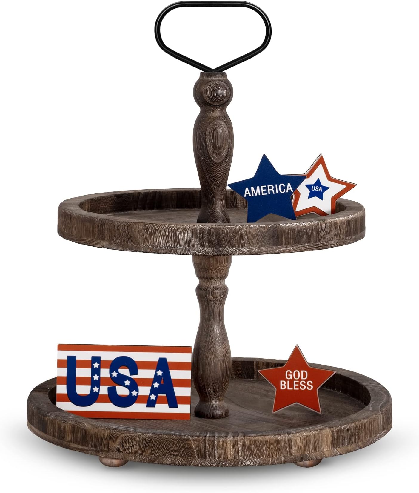 Mustry Rustic Wooden 2 Tiered Tray, Round Farmhouse Kitchen Table Decor Serving Tier Tray, Food Fruits Cupcake Display Coffee Bar Home Party Seasonal Decorations (Brown)