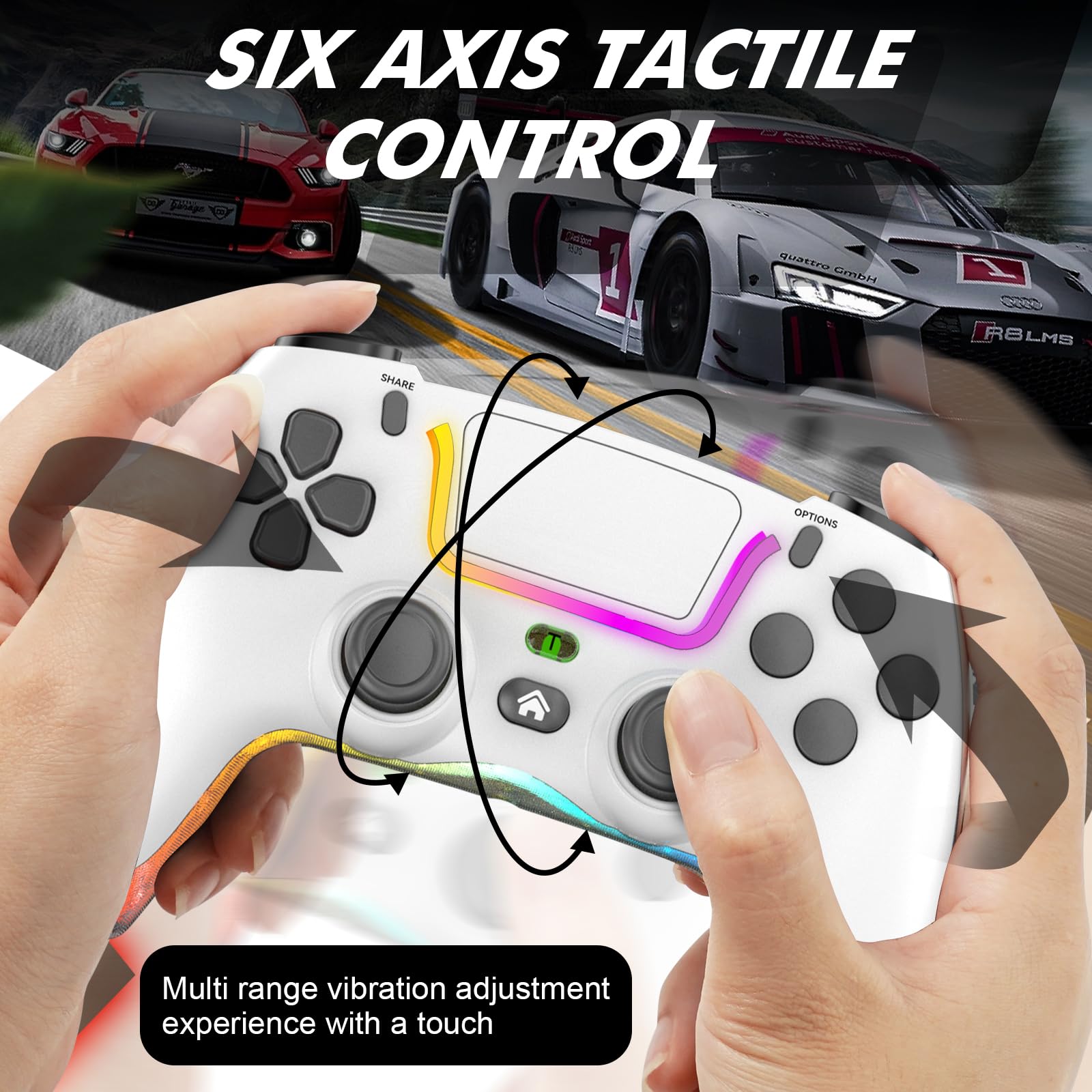 Tacilin Wireless Controller für PS4, Gamepad Joystick mit Turbo, Dual Vibration, 6-Achsen-Gyro-Sensor, RGB-Licht, 3,5-mm-Audiobuchse kompatibel mit PS4/Slim/Pro