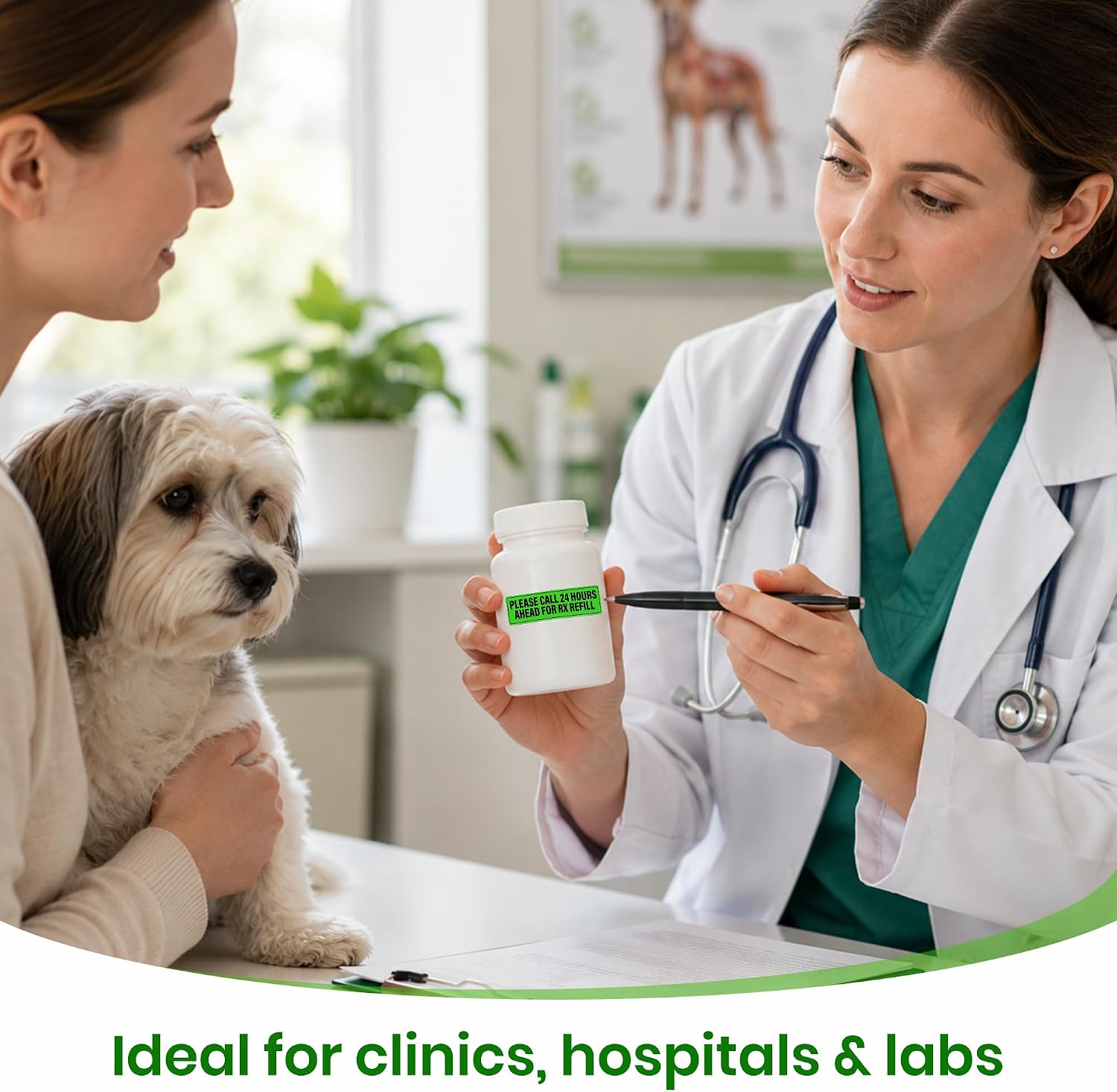 Please Call 24 Hours Ahead for RX Refill Lable/Sticker 0.39"x1.63" | 1000 Pcs Prescription Refill Reminder Labels, Green Adhesive Waterproof Vinyl Stickers for Pharmacy, Veterinary Clinics