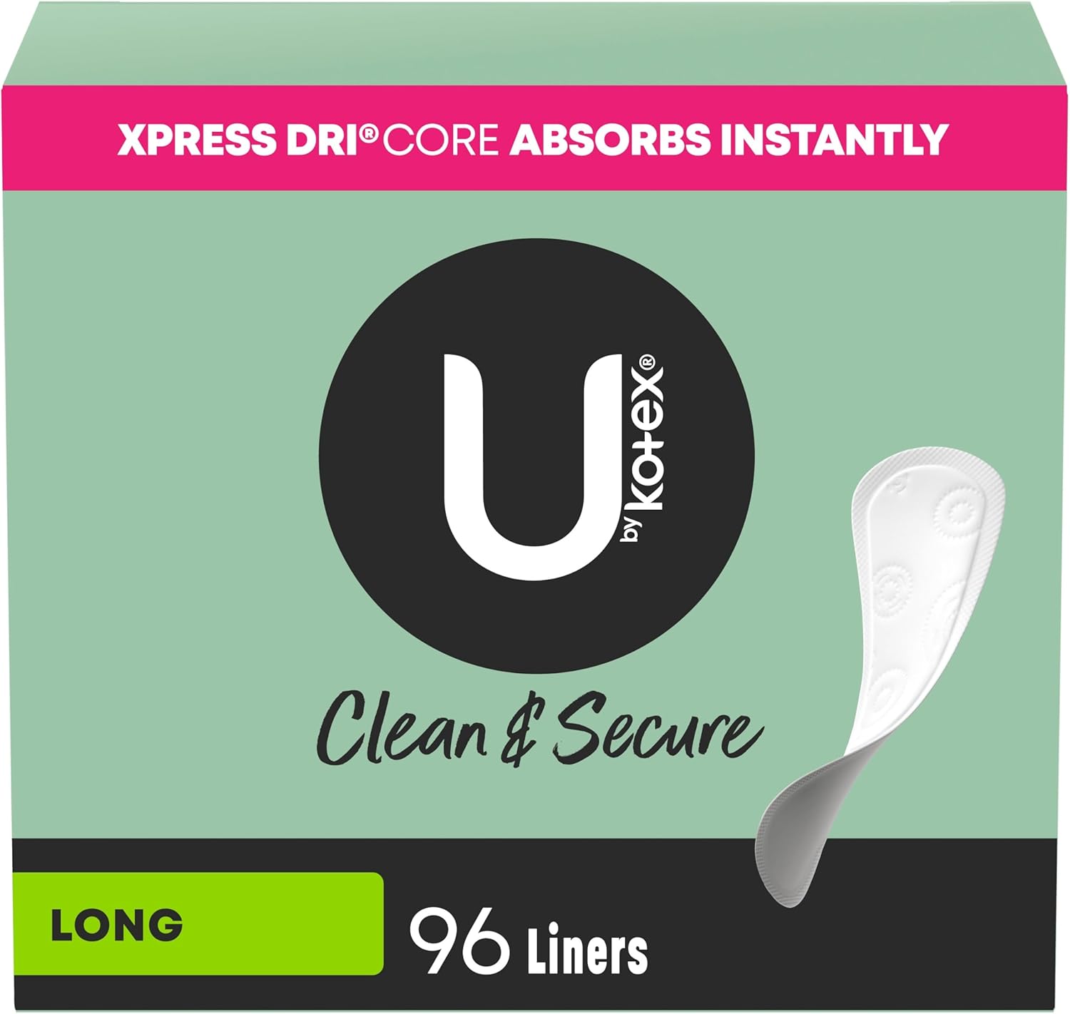 u by kotex clean & secure panty liners, light absorbency, long length, 96 count (packaging may vary) 96 count (pack of 1)