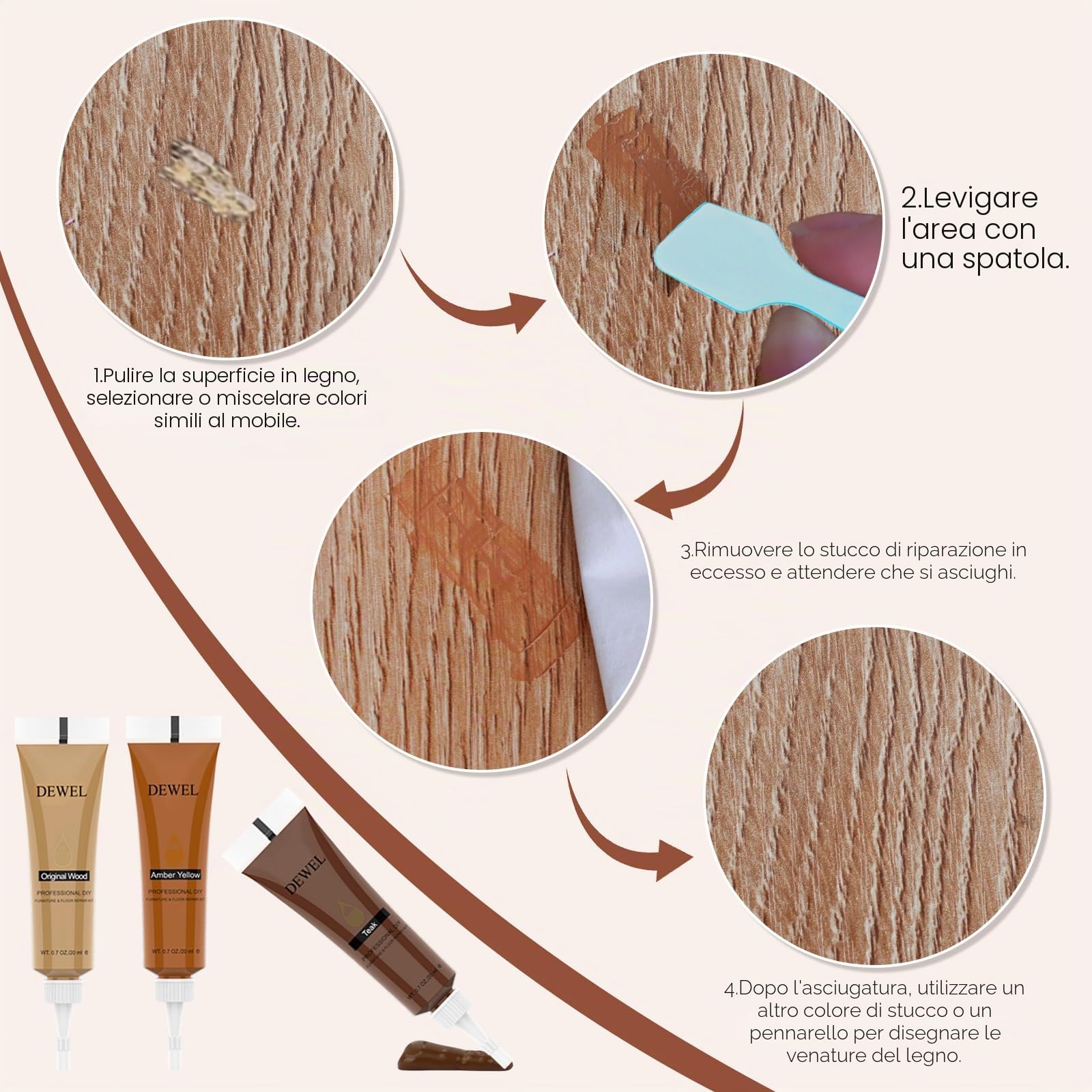 DEWEL Kit Riparazione Mobili, 12 Colori Kit di Riparazione per Legno, Stucco per Legno, Colori per Legno per Riparare Graffi, Crepe, Scolorimento Superfici