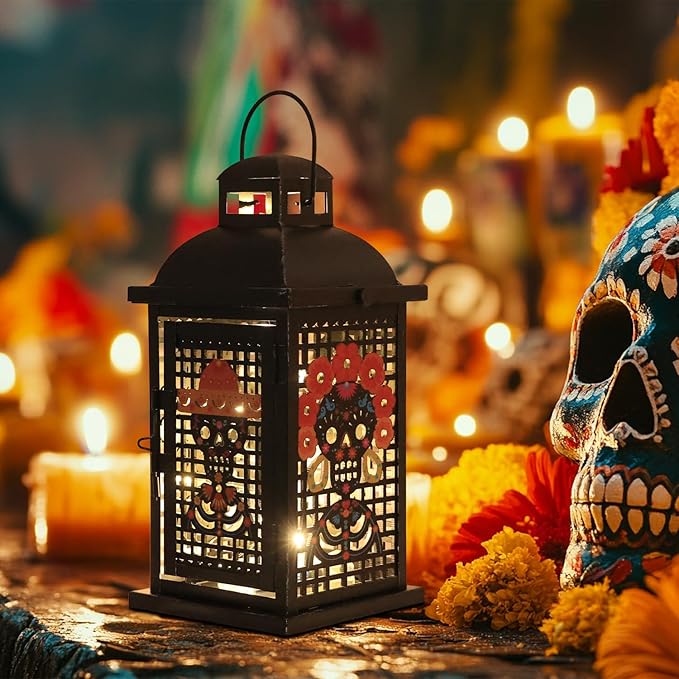 Day of The Dead Decorations, DECORKEY 13.4’’ Decorative Skull Women&Men Candle Lantern with 60