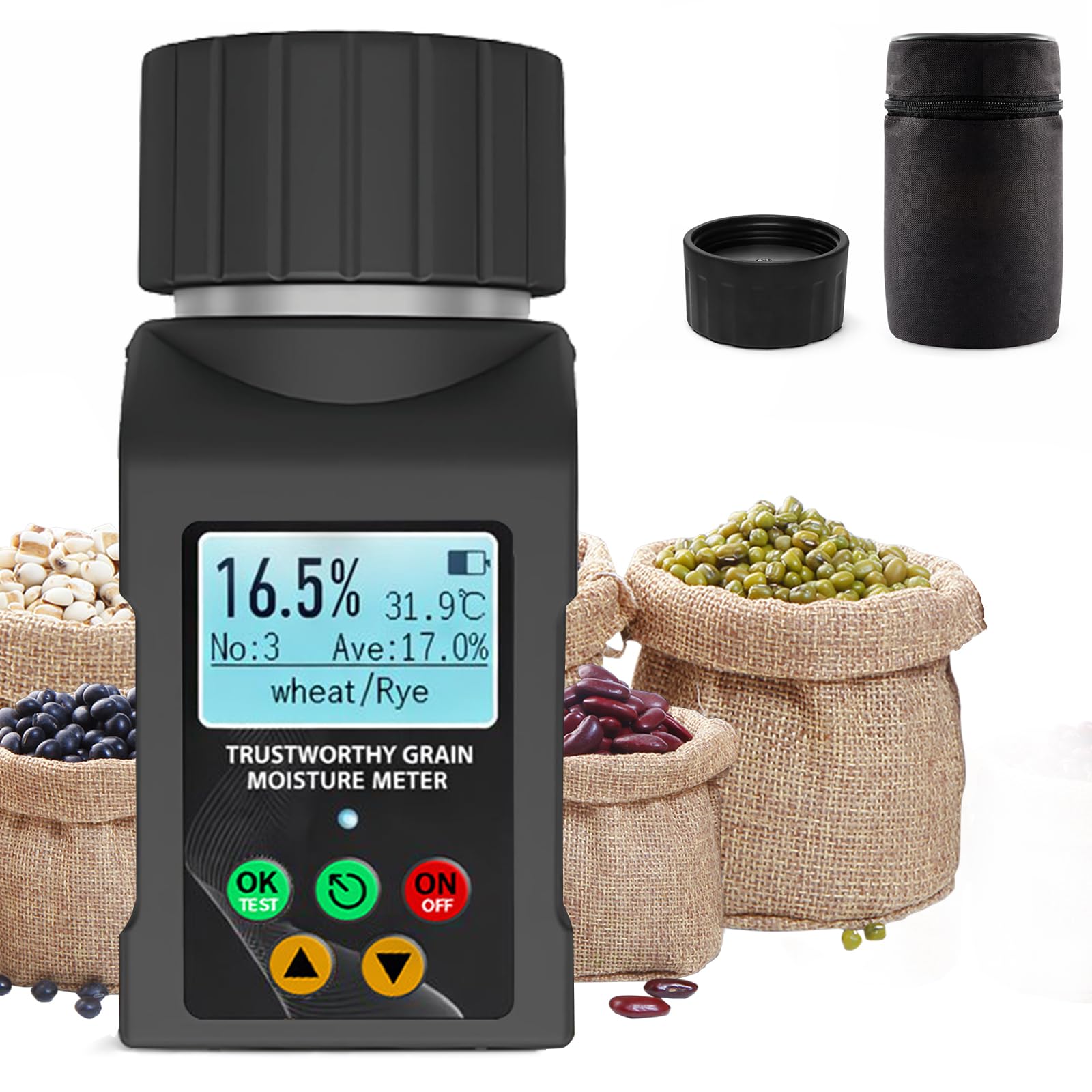 Misuratore di umidità portatile per cereali (40 tipi di cereali) Misuratore di umidità per cereali Uscita vocale multilingue, display LCD e memorizzazione dei dati. Adatto per colture quali mais