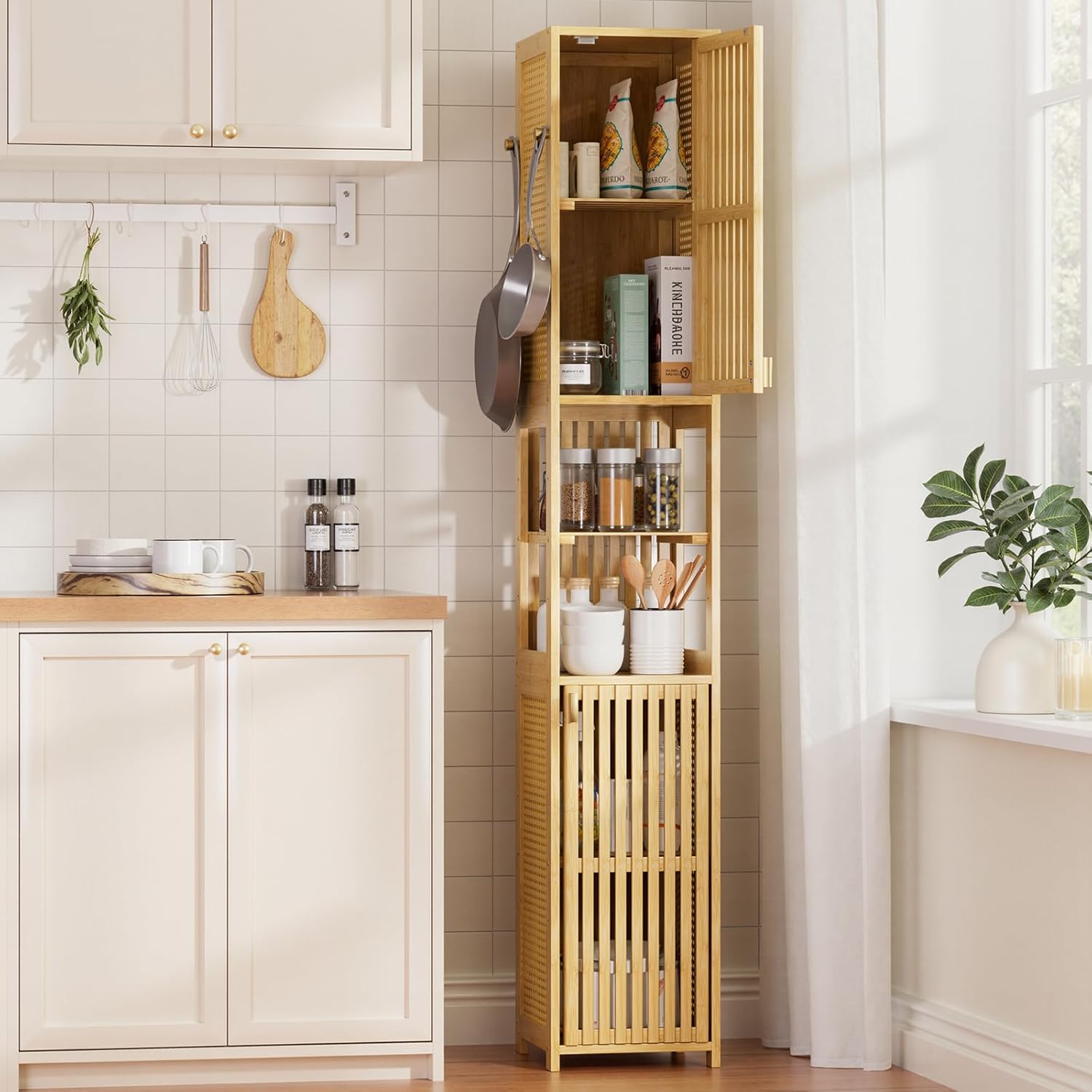 Amazer 70'' Tall Bathroom Storage Cabinet Bamboo, Narrow Storage Cabinet with Rattan Doors and Adjustable Shelves, Slim Freestanding Organizer for Living Room, Kitchen, Natural Color