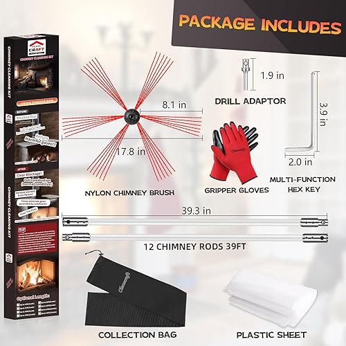 Miniatura 2 de Kit de limpieza de chimenea de 39 pies, limpiador ergonómico de chimenea, sistema de limpieza de chimenea giratorio impulsado por taladro, cepillo