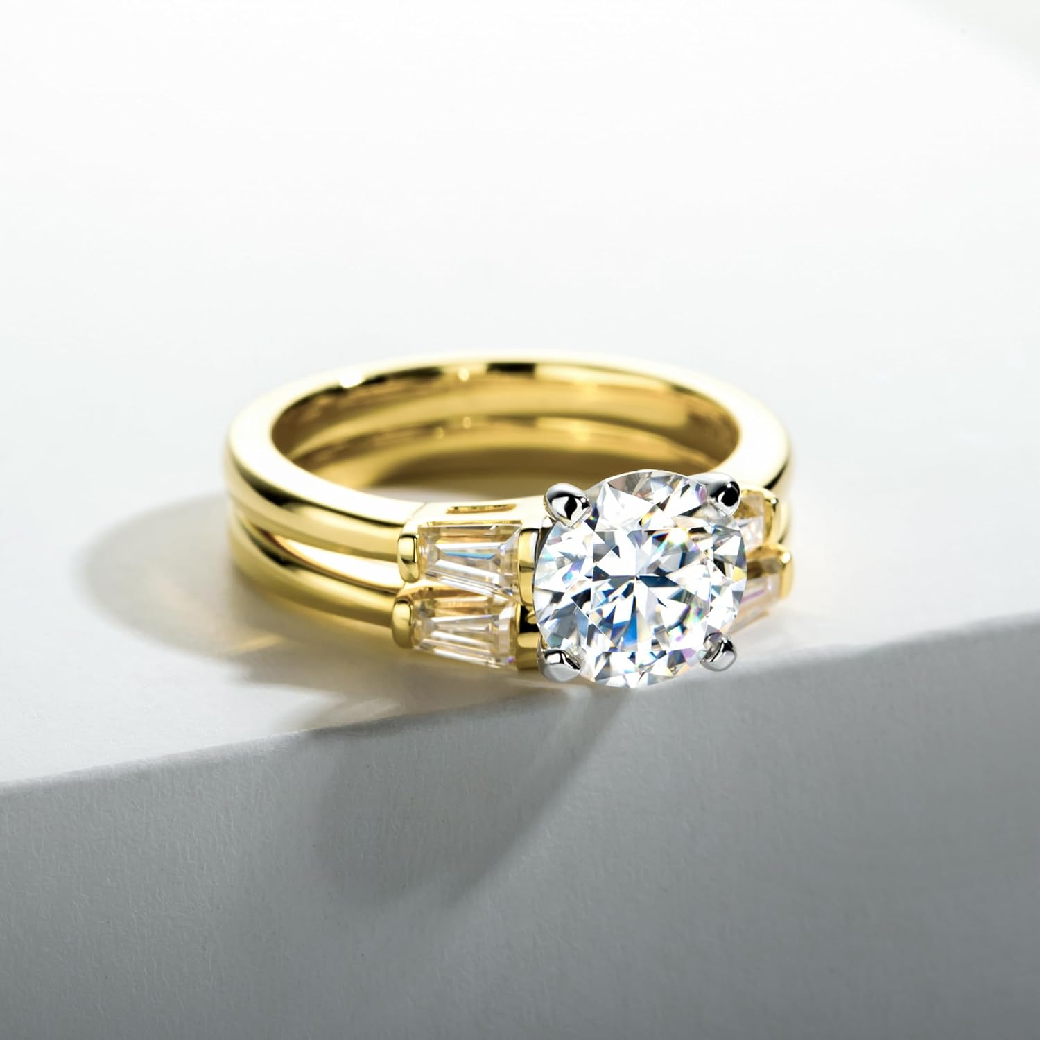 Idocare Main stones 1ct/2ct All Moissanite Rings Set for Women D Color Round Cut 14K Yellow Gold Plated 925 Sterling Silver