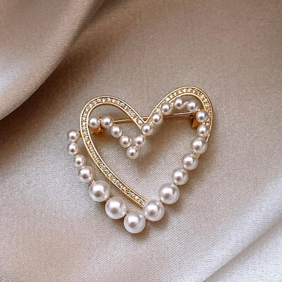 Heart Brooch Pins Gold Rhinestone Lapel Pearls Brooches for Women Girls Fashion Jewelry Gift