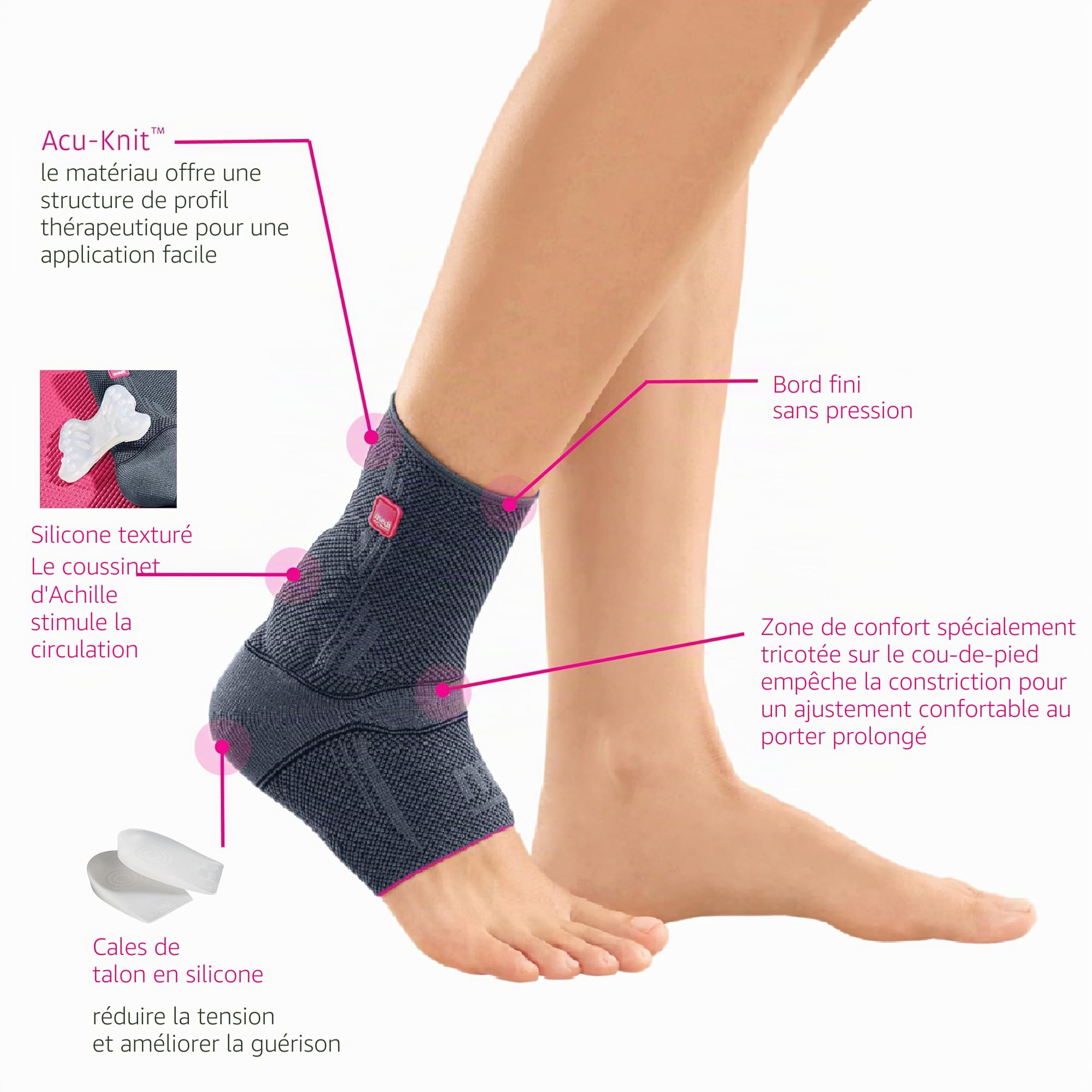 medi Achimed Chevillère en tricot pour homme et femme – Attelle d'Achille, bandage de pied compressif, post-chirurgical, stabilisation modérée de la cheville, II, argenté