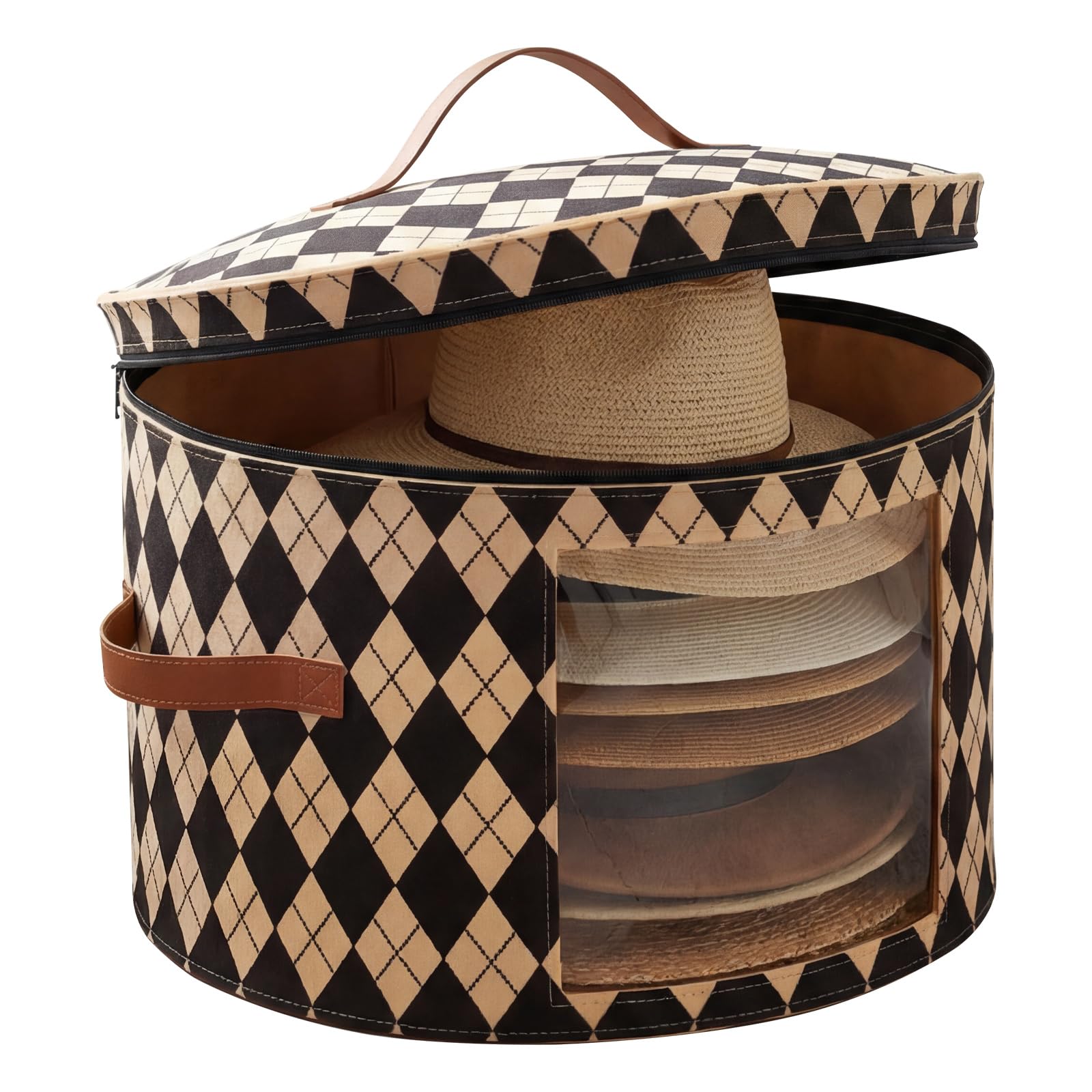 YUNYOUC Hat Box with Lid, 43x43x26cm Large Round Felt Hat Storage Box with Clear Window and Handles, Foldable Travel Organiser for Cowboy Hats Sun Hats Fascinators, Wardrobe Storage (Khaki Argyle)