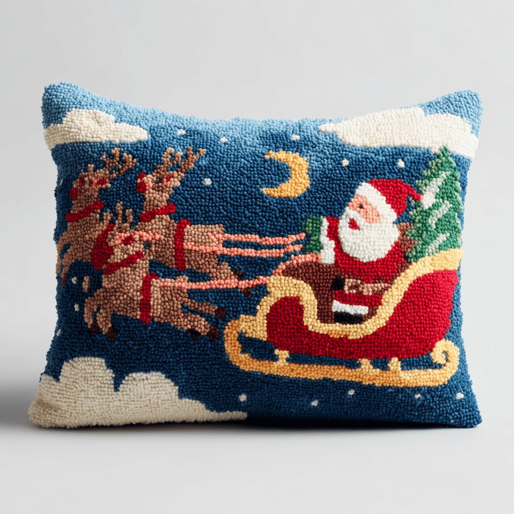 Christmas Latch Hook Pillow Making Kit,Beginner Level DIY Crochet Rug Craft with All Supplies,17x17 in Grid Canvas,Seasonal Yarn Latching Set for Family Bonding,Cozy Festive Hobby Enthusiasts-13