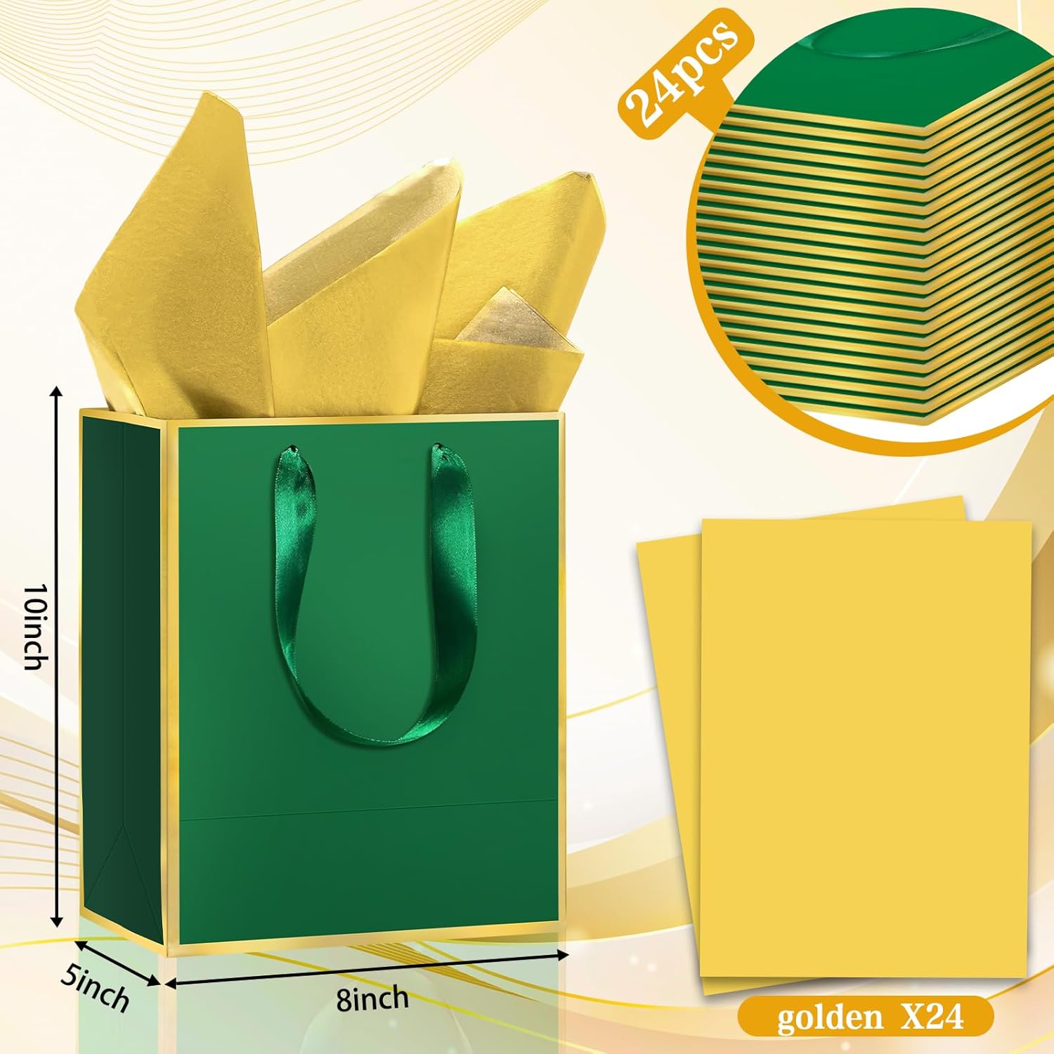Epoesch Premium Metallic Paper Gift Bags with Handles and Tissue Paper, 8"x5"x10" Inch Dark Blue Gold Edge Welcome Gift Thank You Bags (Green Gold, 1 Count (Pack of 24))