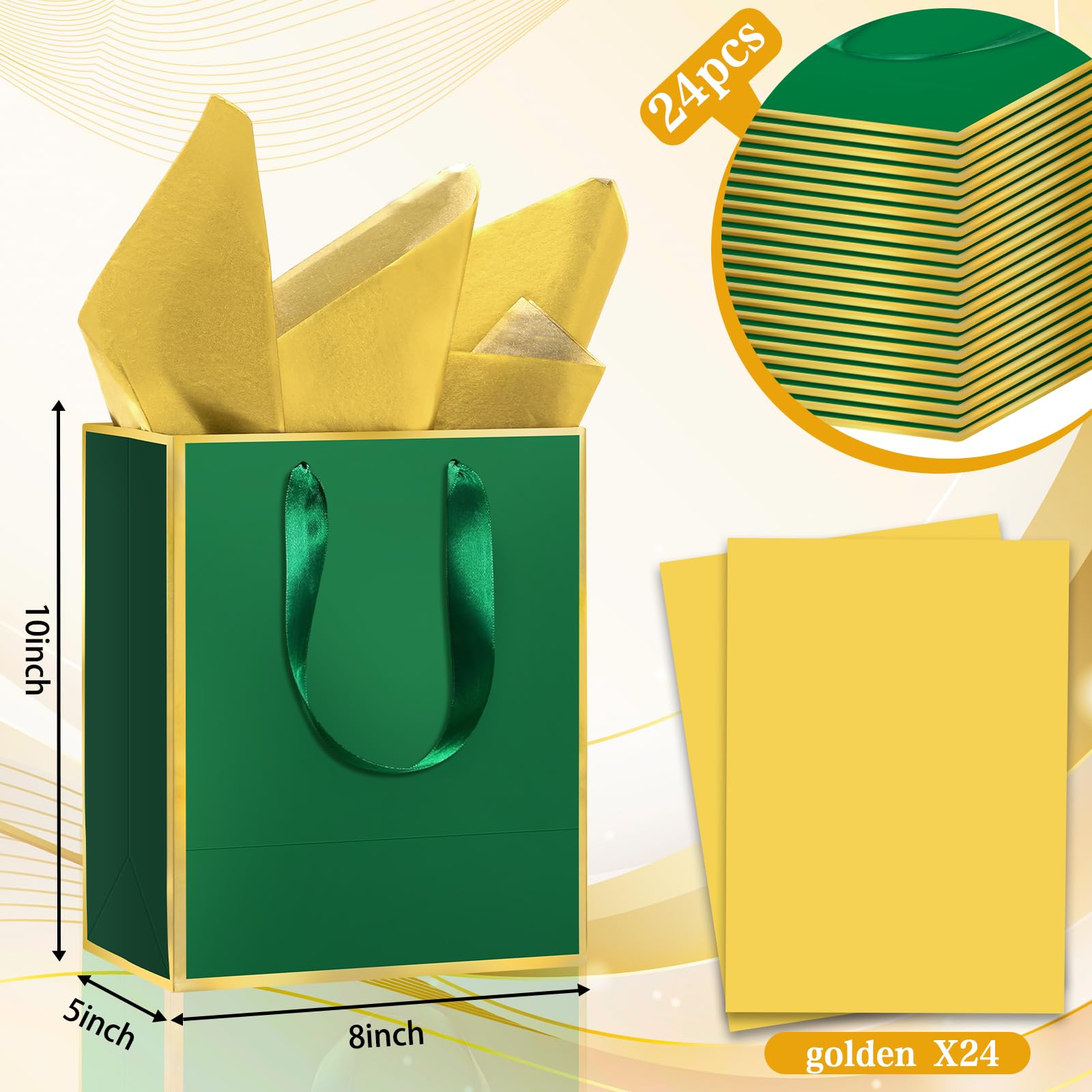 Epoesch 24Pcs Premium Gift Bags with Handles & Tissue Paper – 8"x5"x10" Green with Gold Edge –Thank You Bags for Father's Day, Birthdays Party, Wedding, Welcome Gift, Business