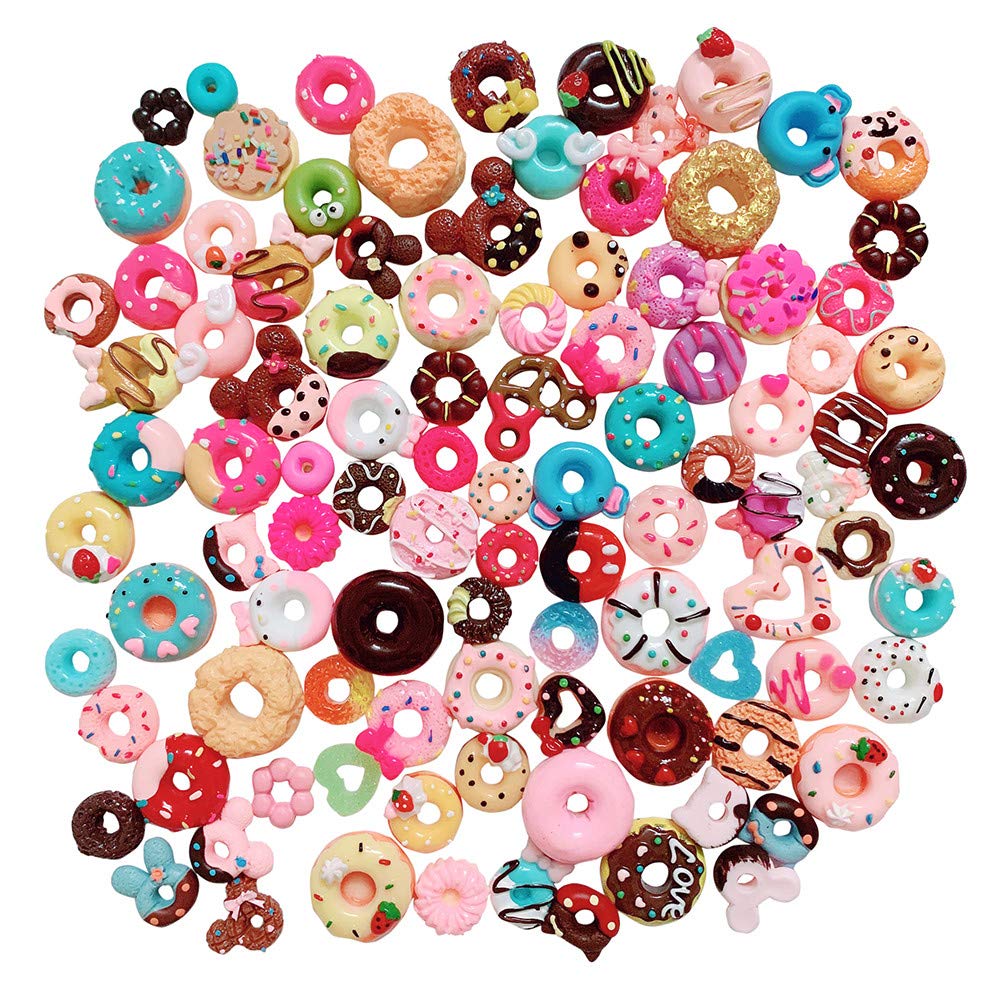 Anrher100pcs Miniature Donuts Decoration Mixed Flatback Resin Sets for Childrens Doll House Pretend Kitchen Playset Cooking Game Toys