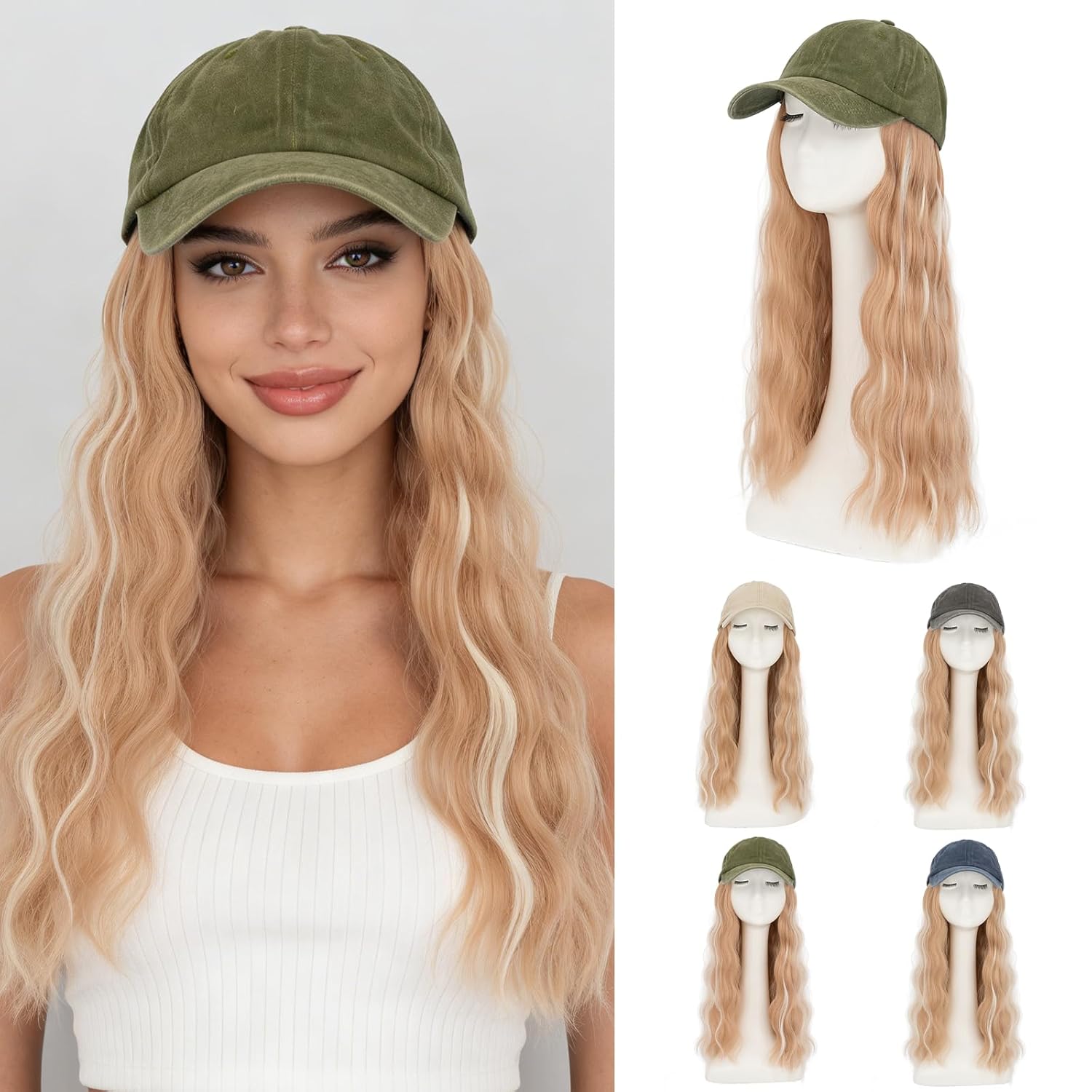 Rich Choices Hat Wigs for Women,Olive Green Baseball Cap with Hair Extensions for Women,Caps with Wavy Curly Long Hair Attached Adjustable Baseball Cap Wig 18 Inch Highlighted Honey Blonde Hair