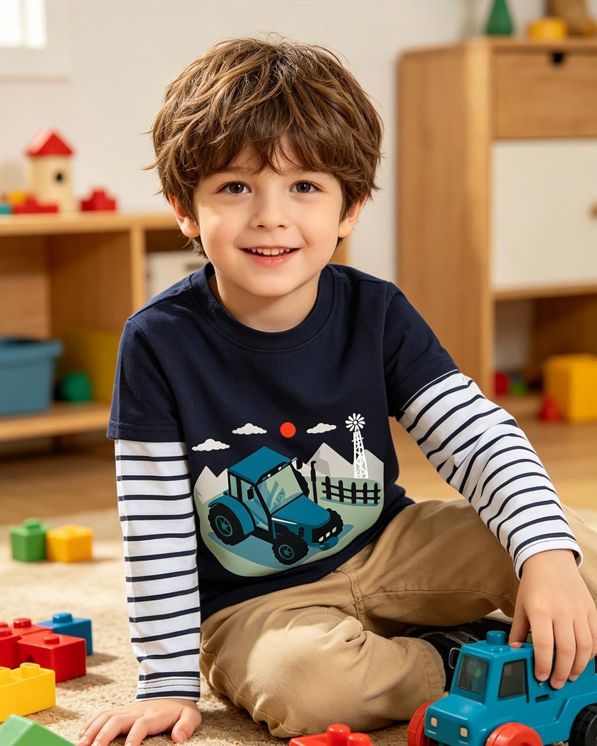 DDSOL Toddler Boy Long Sleeve Shirt Ball Dino Train Planet Excavator Stripe Long Sleeve Tops for Kids 2-7 Years