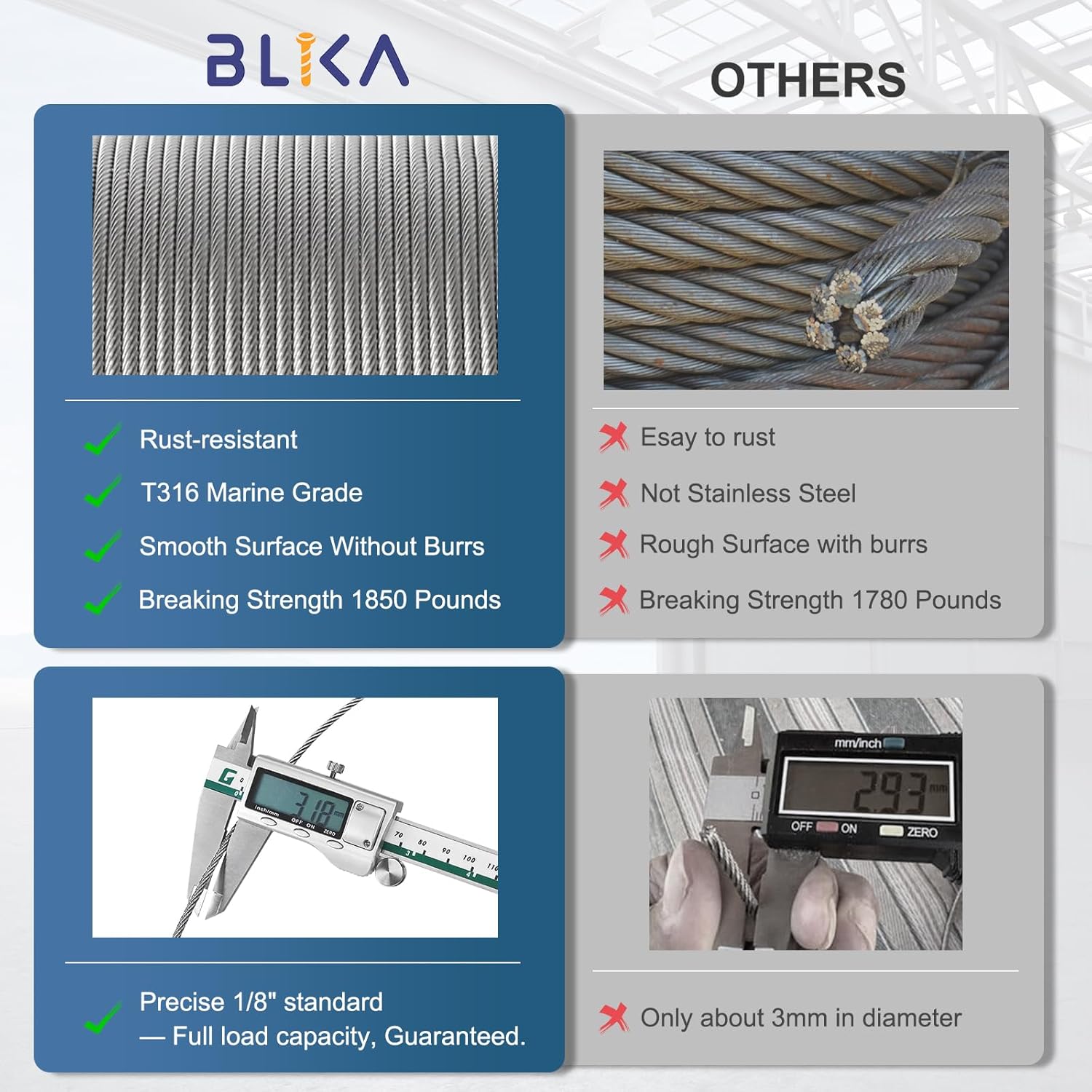 BLIKA 1000FT 1/8" Deck Railing Cable, T316 Stainless Steel Cable with 7x7 Strands Construction, 1850lbs Breaking Strength Aircraft Cable, Stainless Cable 1/8" for Cable Railing, DIY Balustrades