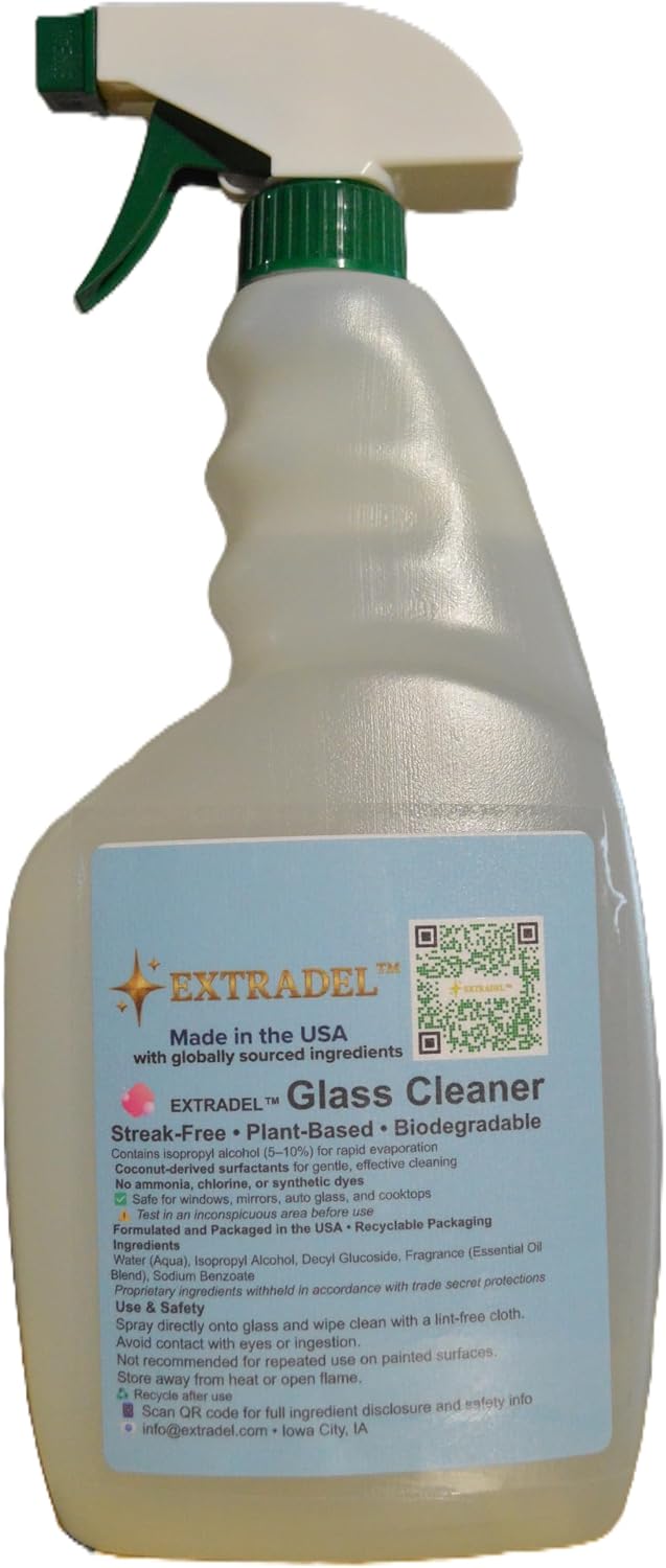 EXTRADEL® Premium 32 fl oz Eco-Friendly Glass Cleaner, Plant-Based, Streak-Free, Light Naturally-Derived Scent, Biodegradable Spray