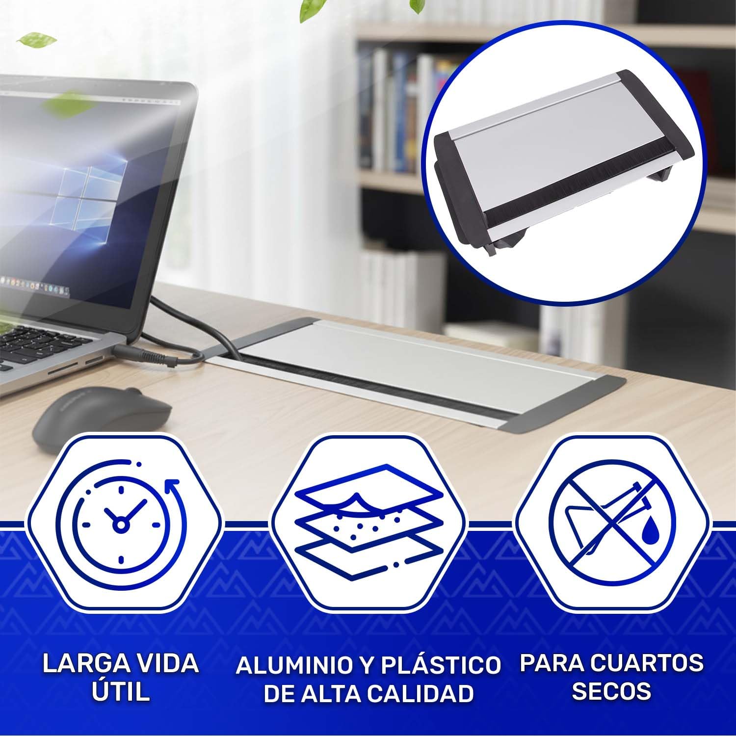 Enchufe Empotrable Mesa 291x158 mm con Cable Alimentación de 1,5 m - Regleta Empotrable 3 x Schuko y 2 x USB 5V/2,1A - Garantía de 10 Años - MONTERAL