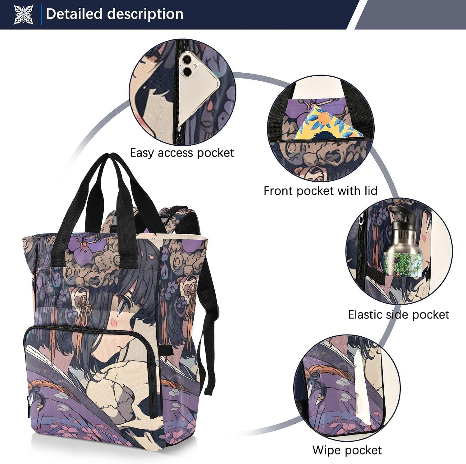 Diaper Backpack Skull Samurai Pattern with Insulated Feeding Bottle Compartment, Mommy Nursing Bag Organizer for Travel Daycare with Stroller Straps