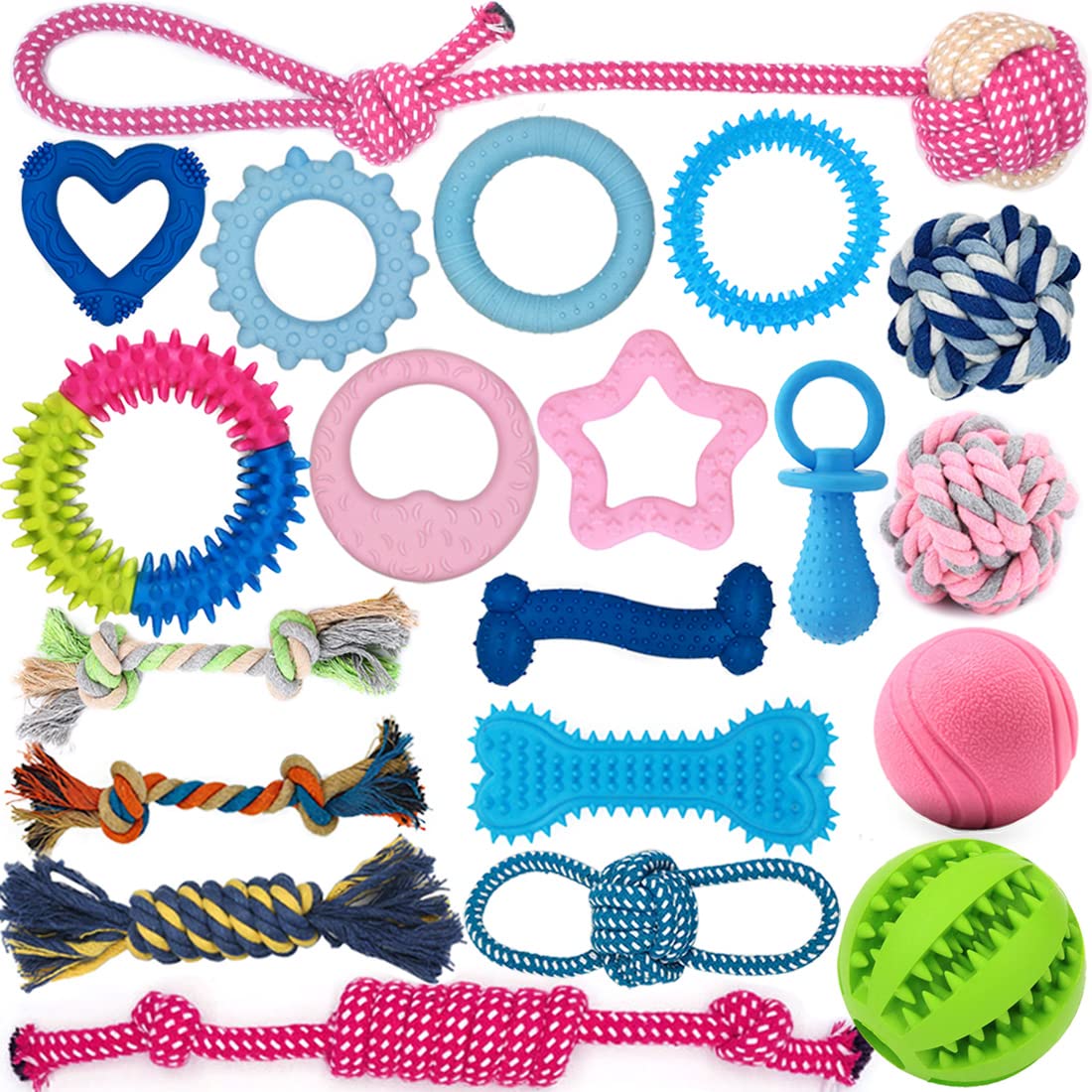 20 Pack Puppy Chew Toys for Teething & Fun (Chew Toys for Puppies 0-6 Months Bundle with Various Rubber Rings, Rope Toys and Balls for Interactive Play, Teeth Cleaning & Relief