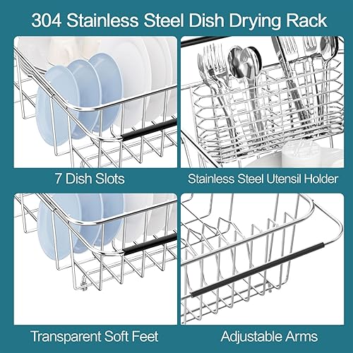 Miniatura 7 de Escurridor de platos pequeño ajustable en el fregadero, organizador expandible de acero inoxidable 304 con soporte para utensilios de acero