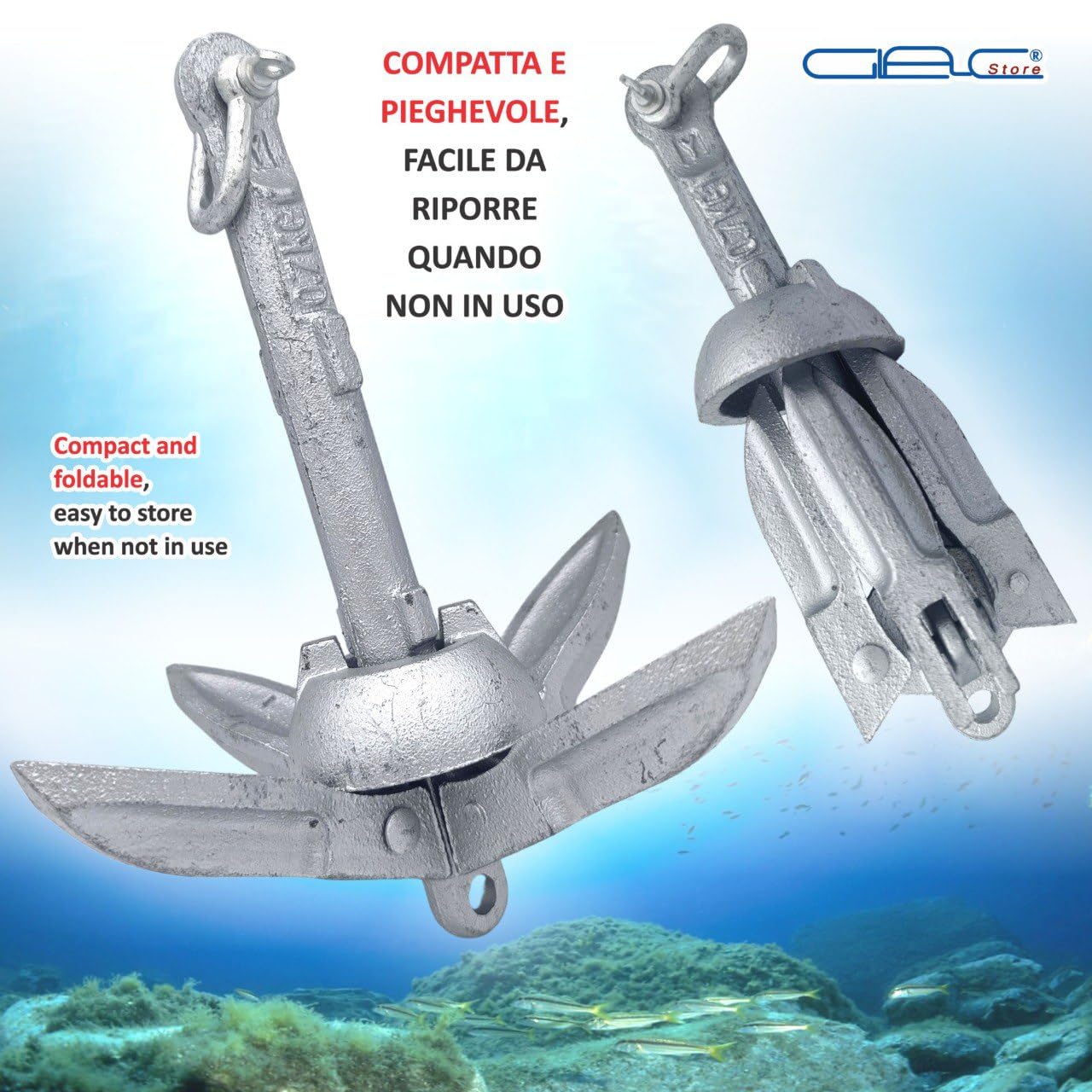 Ancora ad Ombrello Pieghevole in Acciaio AISI 316, 0,7 kg, 160x180 mm, con Cima 8 m e Moschettone, per Pesca e Kayak