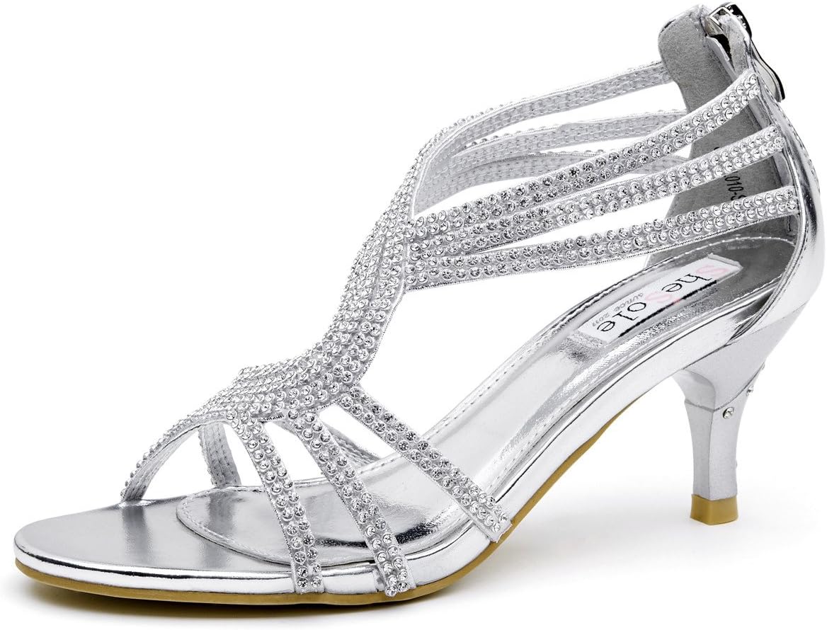 SheSoleWomen's Low Heel Dance Wedding Sandals Strappy Dress Shoes Silver Gold Heel