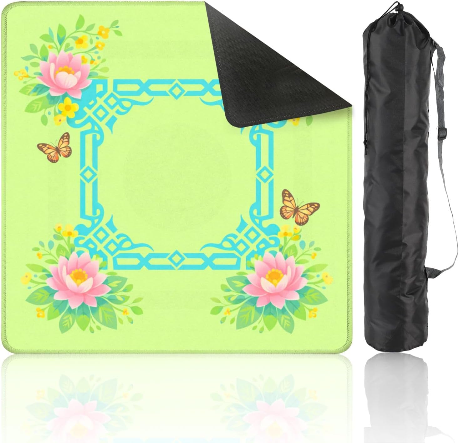 Mahjong Mat with Carrying Bag 31.5" x 31.5" Non-Slip Noise Reduction Floral Blossom Frame Turquoise Geometric Border Soft Green Table Mat for Mahjong Poker Dominoes Card Board Tile Games