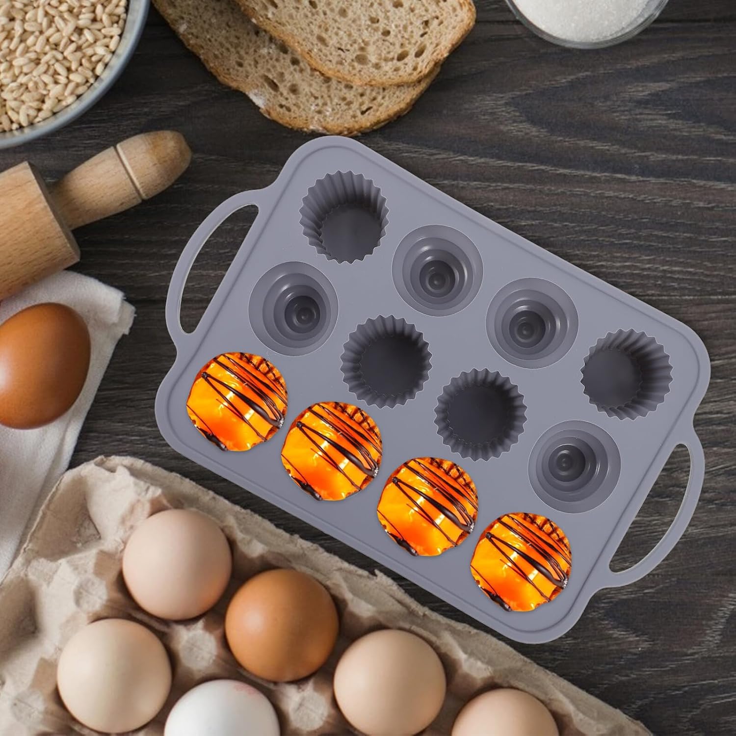 12-cavity Silicone Baking Molds Cupcake and Chocolate Molds with Anti-slip Handles Nordic Gray Non-stick Flexible Cake Pop Maker for Home Baking