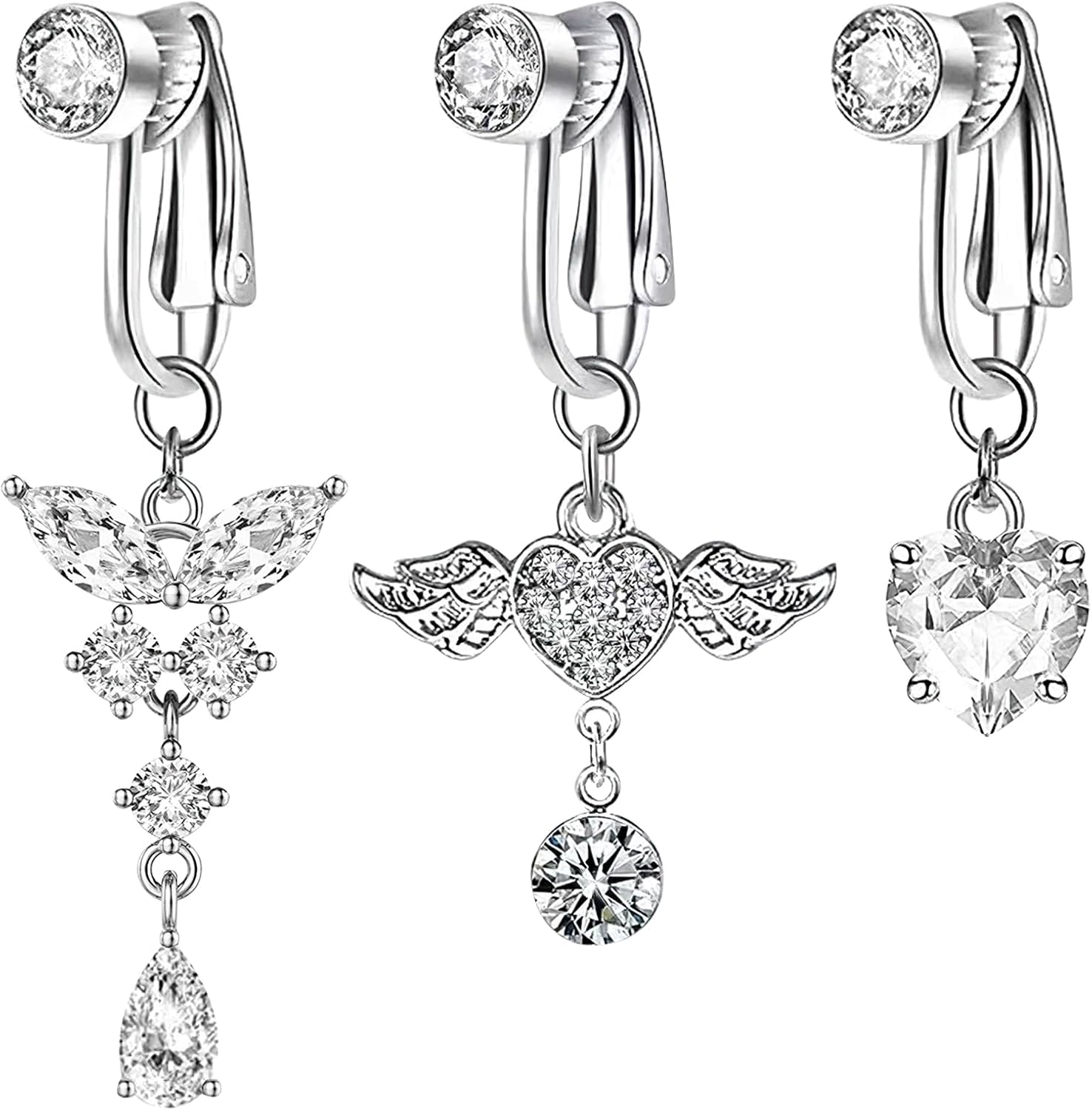 Fake Belly Button Piercing - 3Pcs Butterfly Navel Belly Clip, Earrings or Clip on Belly Button Rings for Women