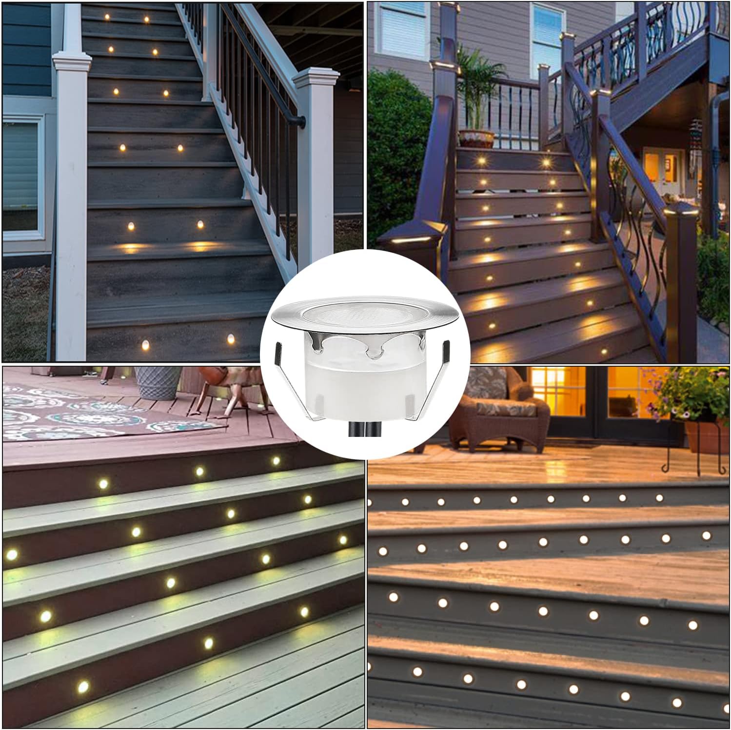 LED Outdoor Deck Lights Kits, Warm White Φ1.77in Low Voltage 12V DC IP67 Waterproof, Electric Wired Recessed Round Up Landscape Lighting for Outside Yard Stair Step Floor Riser, 12 Pack Silver