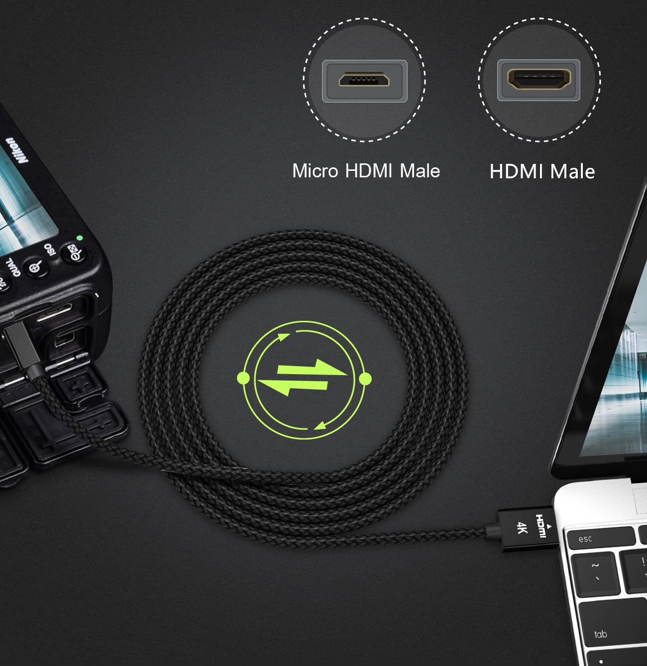 Elebase Micro HDMI Cable 6.6 FT,4K 60Hz Micro HDMI Type D Cord Compatible for Raspberry Pi 4 4b,GoPro Black Hero 7 6 5 4,Sony Camera A6000 A6300,Nikon B500,Lenovo Yoga 3 Pro 710,Canon