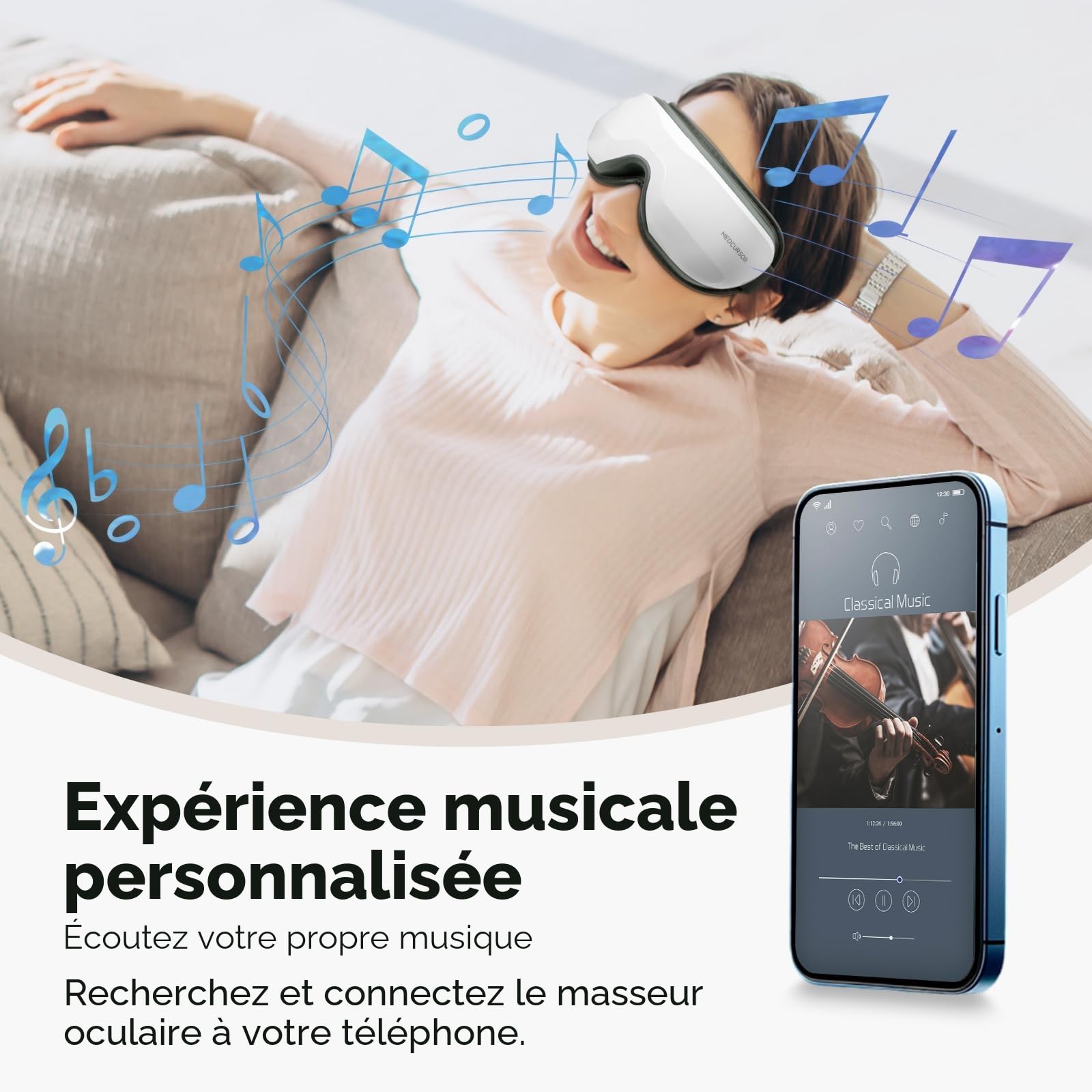 Medcursor Masseur Oculaire avec Chaleur, Masseur Masque Yeux avec Musique et Compression, Soulagement Fatigue Oculaire, Sécheresse, Amélioration Sommeil, Cadeau Homme & Femme