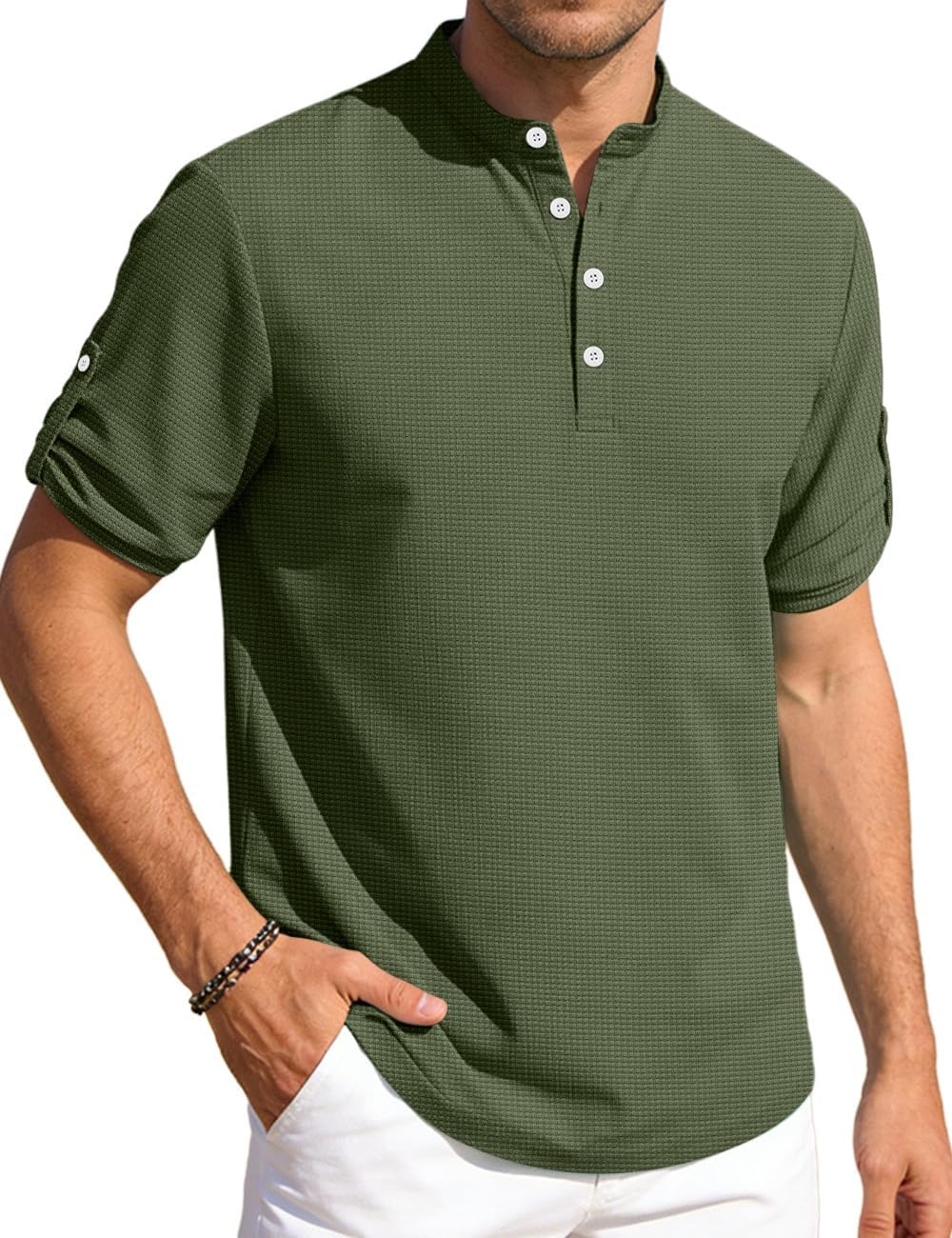 Men's Button Henley Shirt Long Sleeved Casual Band Collar Shirts Summer Beach Hippie Lightweight T-Shirt