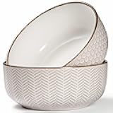 Ceramic Salad Bowls, Embossed Large Kitchen Bowls, For Serving Pasta, Soup, Fruits, Microwave and Dishwasher Safe, Cream with Dark Copper Accents, Set of 2, 60 oz, Narbonne Collection