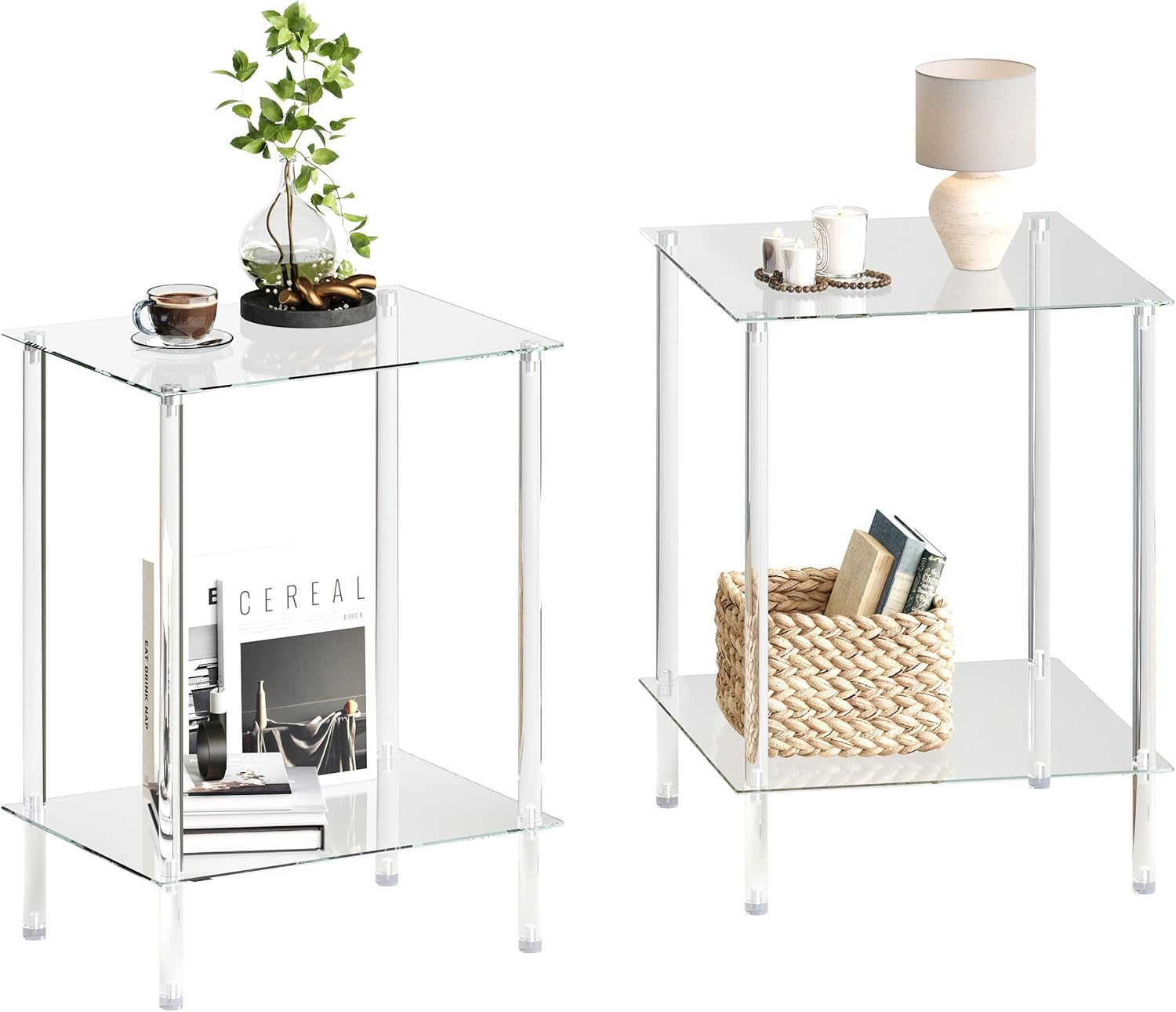 Tempered Glass Side Tables Set of 2 Acrylic End Table with 2 Storage Shelve transparent Bedside simplicity clear 2-Tier Nightstands small Spaces Office Bedroom Living Room Study Transparent ET-008TR Transparent 2 tier Normal