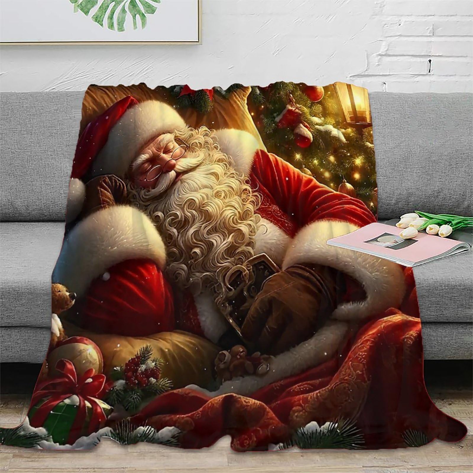 Couverture Père Noël 3D en peluche microfibre douce et chaude pour canapé 127x152cm