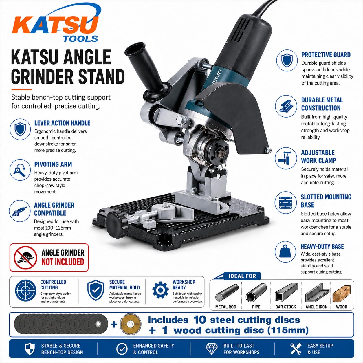 KATSU Supporto per Smerigliatrice Angolare - Ø 100mm a 125 mm Supporto per Smerigliatrice Elettrica con Base in Ghisa per Impieghi Gravosi con 11 Dischi da Taglio in Legno e Acciaio 105422