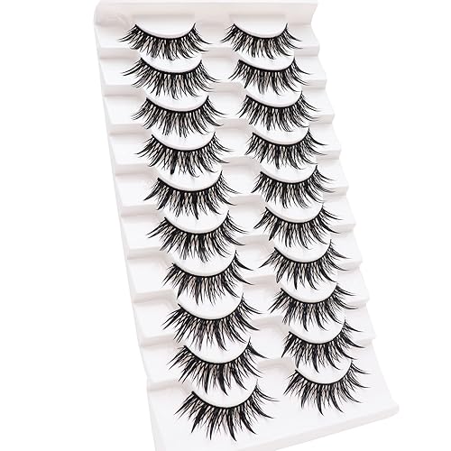 Miniatura 6 de Losha Pestañas postizas Wispy Wet Look Manga, aspecto natural, 0.709 in, pestañas postizas de anime, 10 pares de pestañas postizas hechas a mano (02)