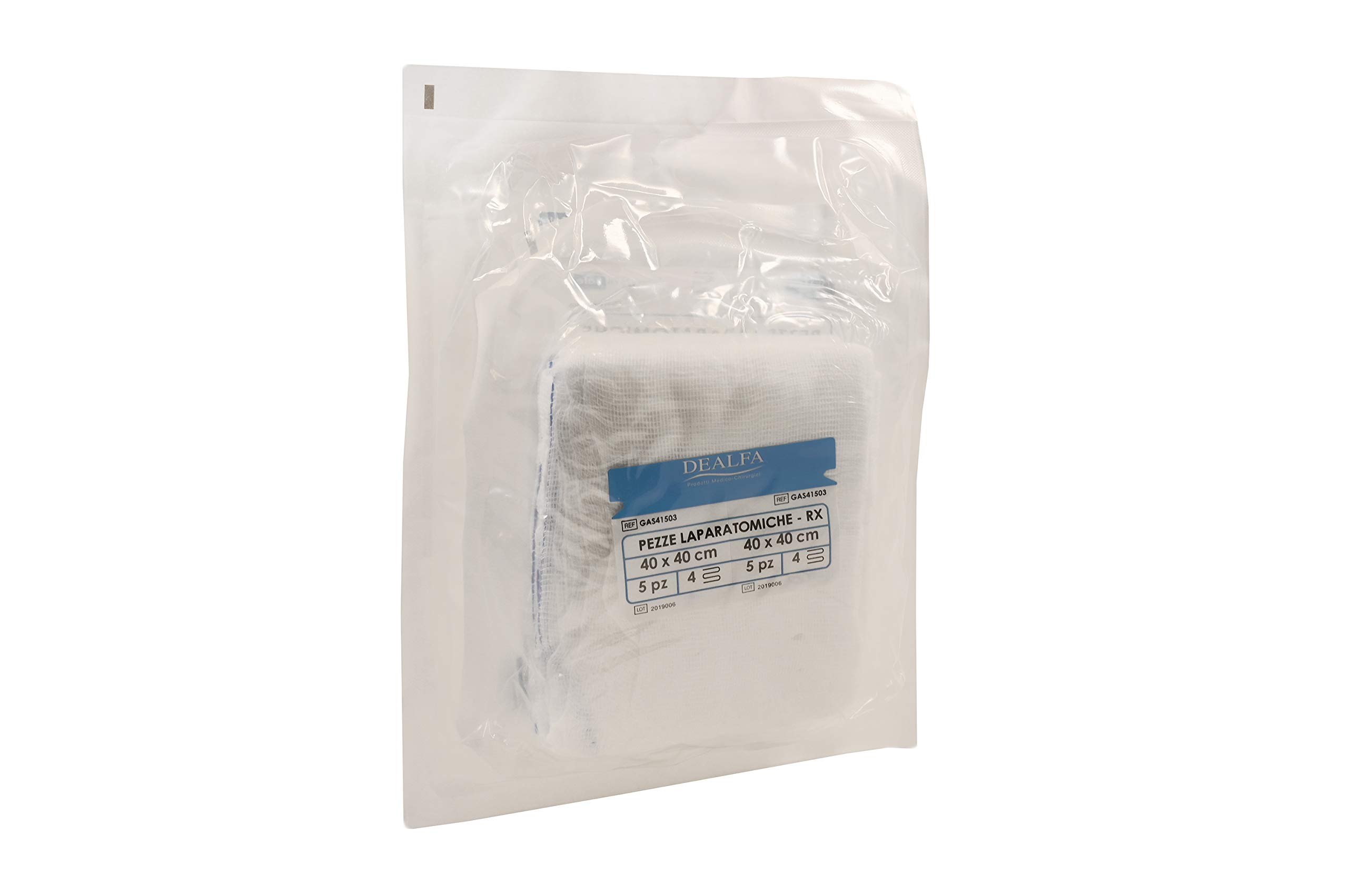 DEALFA Pezze Laparatomiche di Garza Sterili - 40x40 cm - 4 Strati con RX - Colore Bianco - Monouso - Doppia Busta Sterile da 5 Pezzi - Confezione da 5 Buste