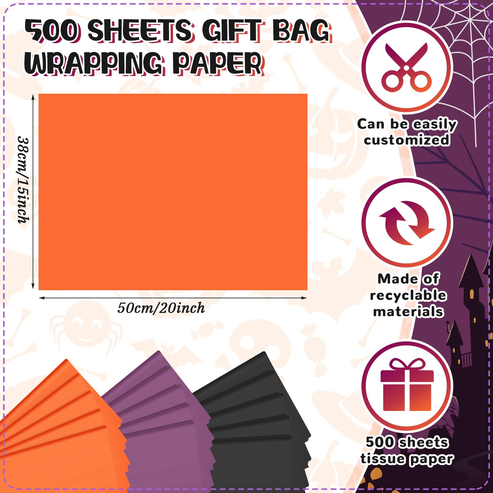 Qilery 500 fogli di carta velina colorata per Halloween, 38 x 50 cm, senza acidi, carta regalo per feste, compleanni, decorazioni per feste, matrimoni, baby shower
