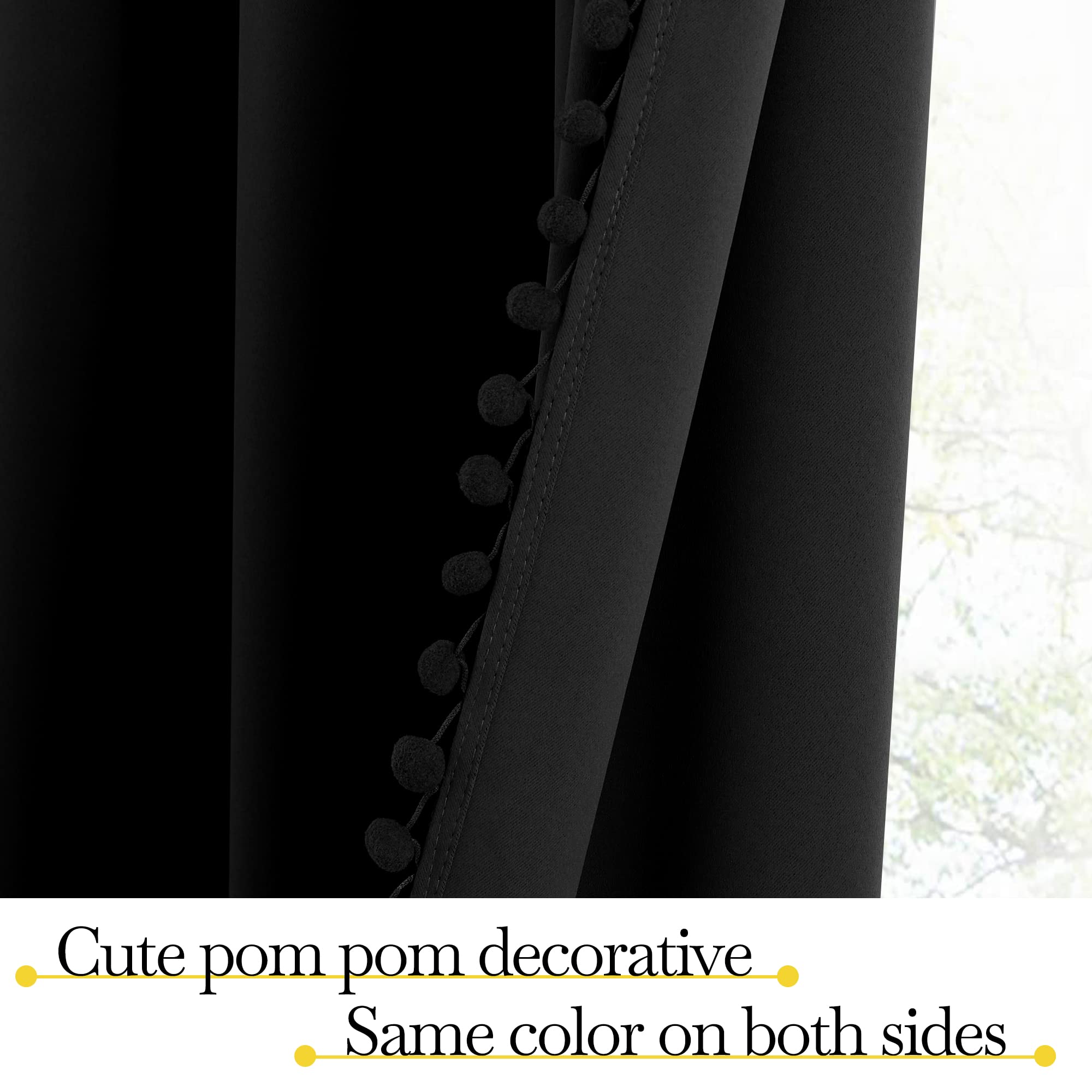 NICETOWN 2 Panels Blackout Curtains, Rod Pocket Jet Black Pom-poms Curtain Drapes - Image 4