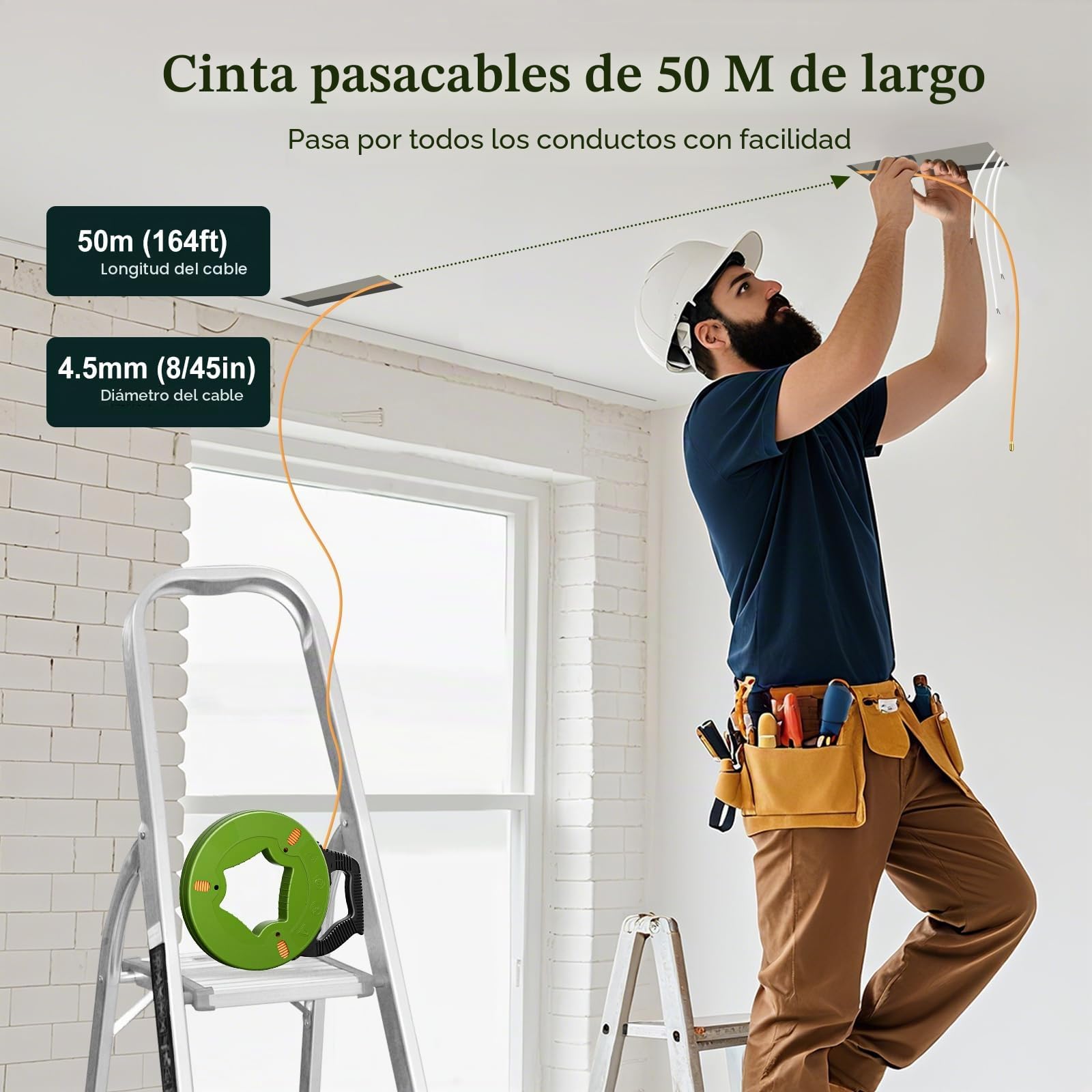 50m Guia Pasacables Profesional, 4.5mm de diámetro Sonda Elettricista Guia Electricista con 5 Adaptadores, Pasacables Electrico para Tirar de Cable Guía
