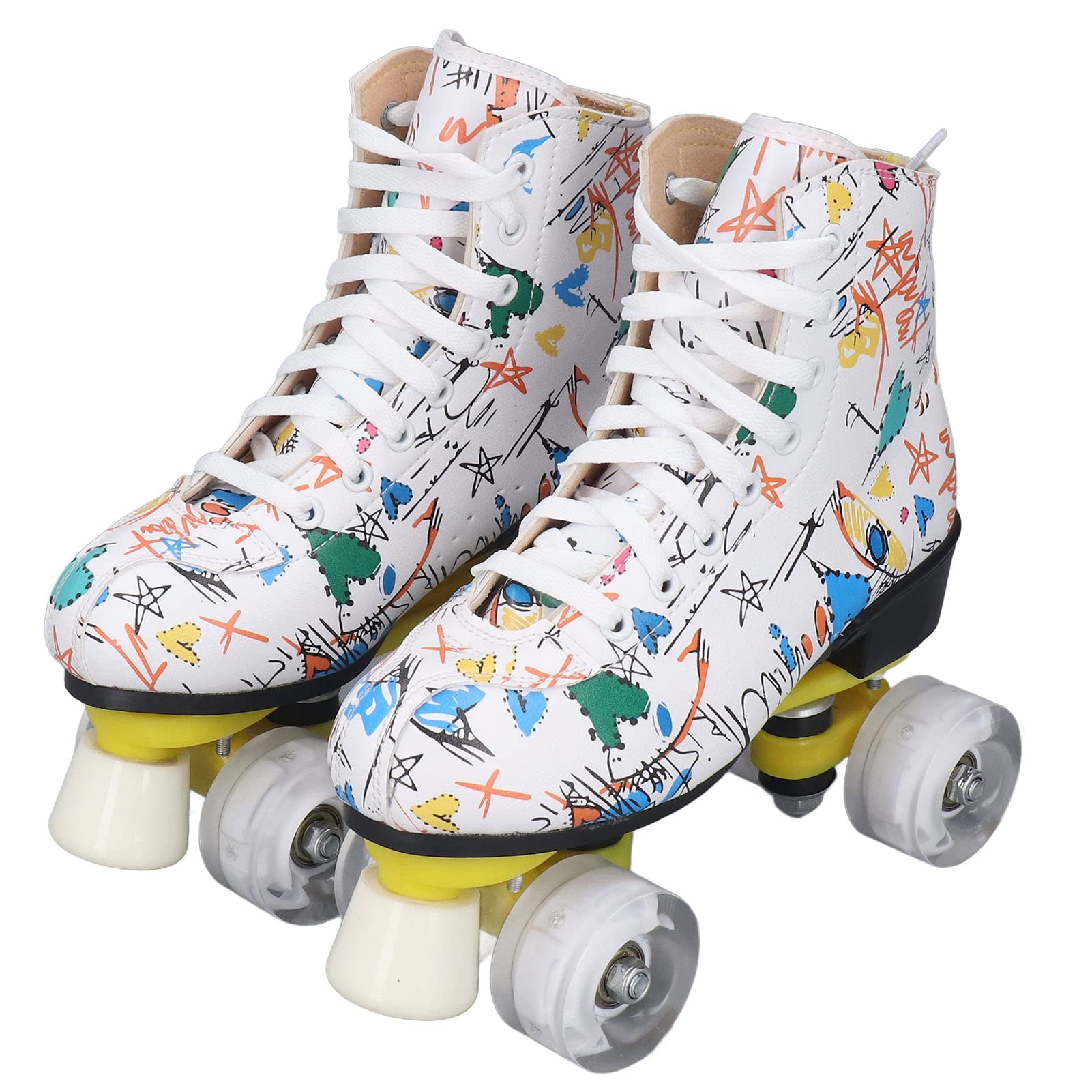 Roller Hockey Skates Double Row 4 Wheel Roller Skates Graffiti Roller Skates Skating Shoes Adjustable Roller Skates for Kids and Adults White (39)