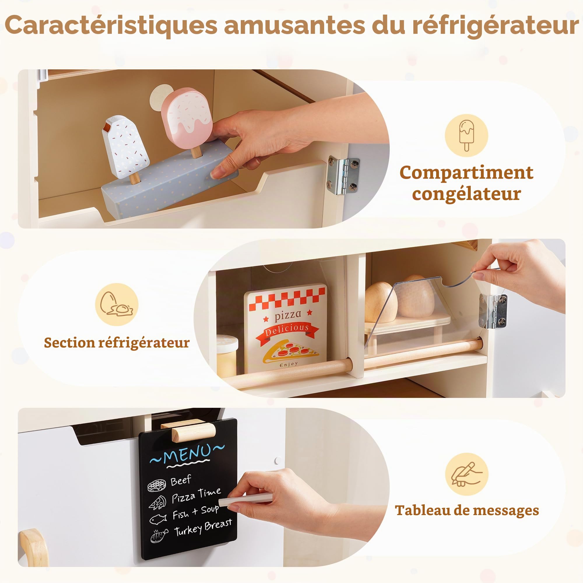 ROBUD Ensemble de Jeu réfrigérateur en Bois pour Enfants, avec Tableau Noir, Compartiment congélateur et Accessoires, réfrigérateur de Jeu pour la Cuisine, pour Les garçons Les Filles 3+